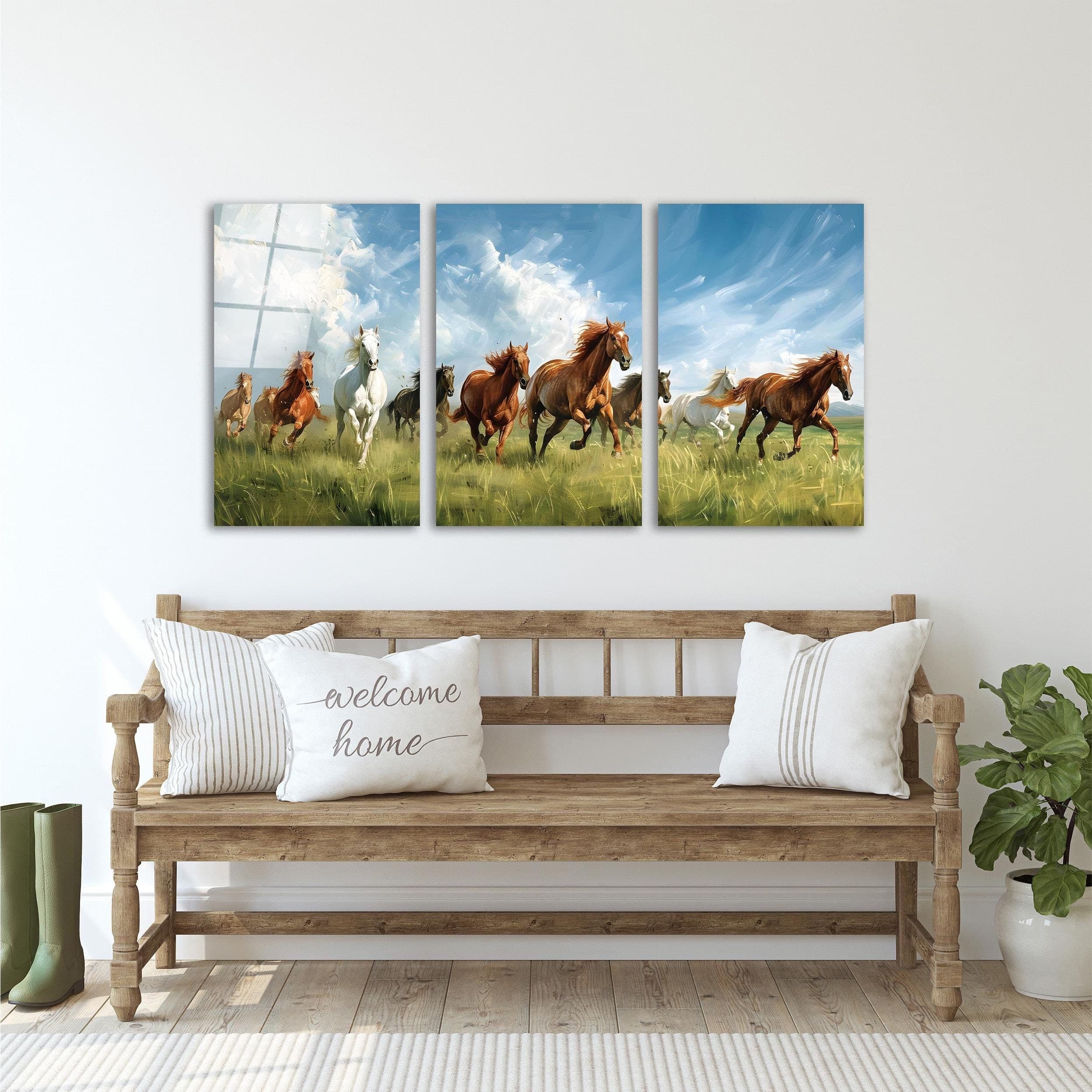 Triple Running Horses Tempered Glass Wall Art, Luxury Wall Art, Living Room Art, Office Wall Art, Anniversary Gifts, Extra Large Wall Art