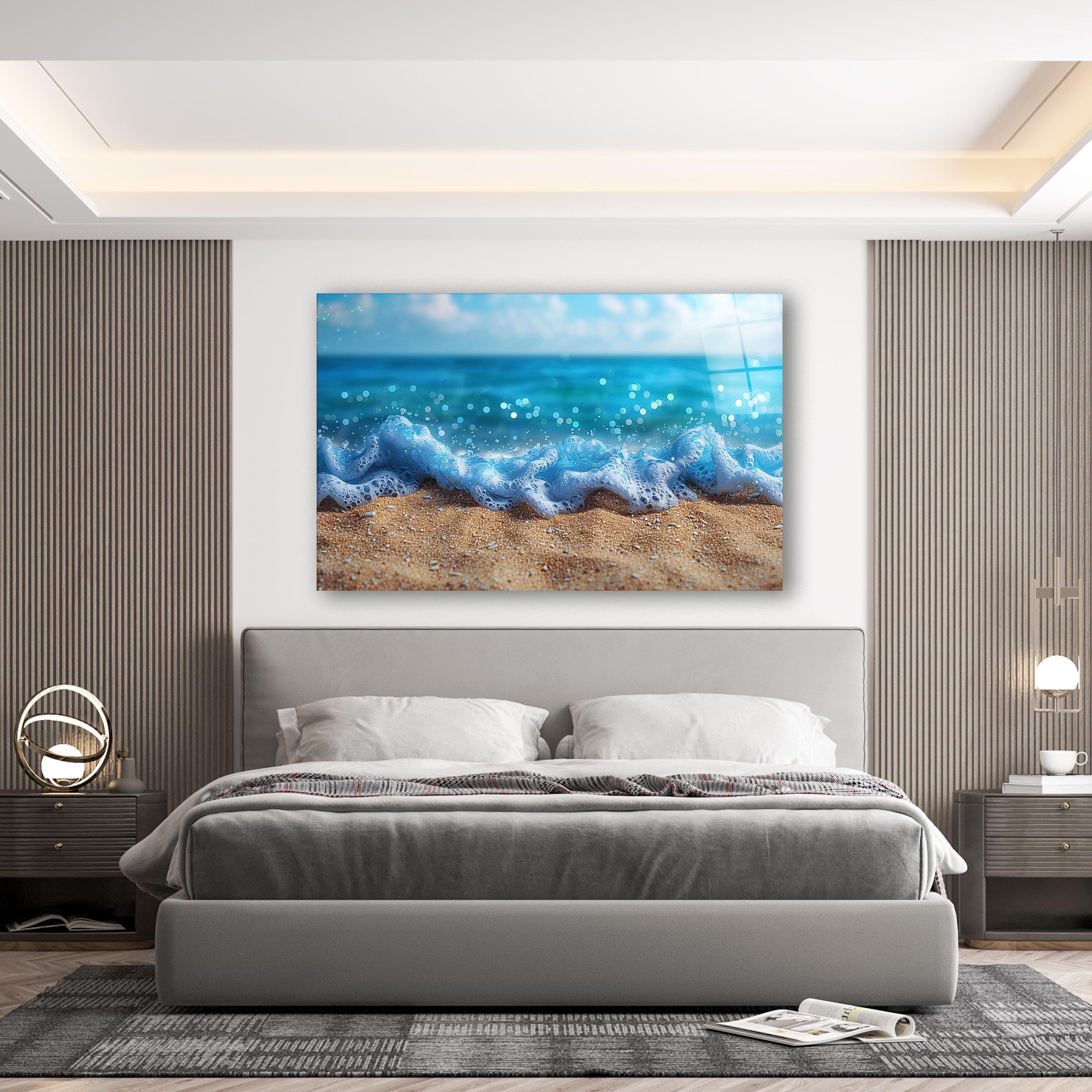 Sandy Beach Glass Wall Art, Blue Ocean Tempered Glass Decor, Coastal Wall Art, Living Room Art, Above Bed Art, New Home Gifts, Wall Hangings