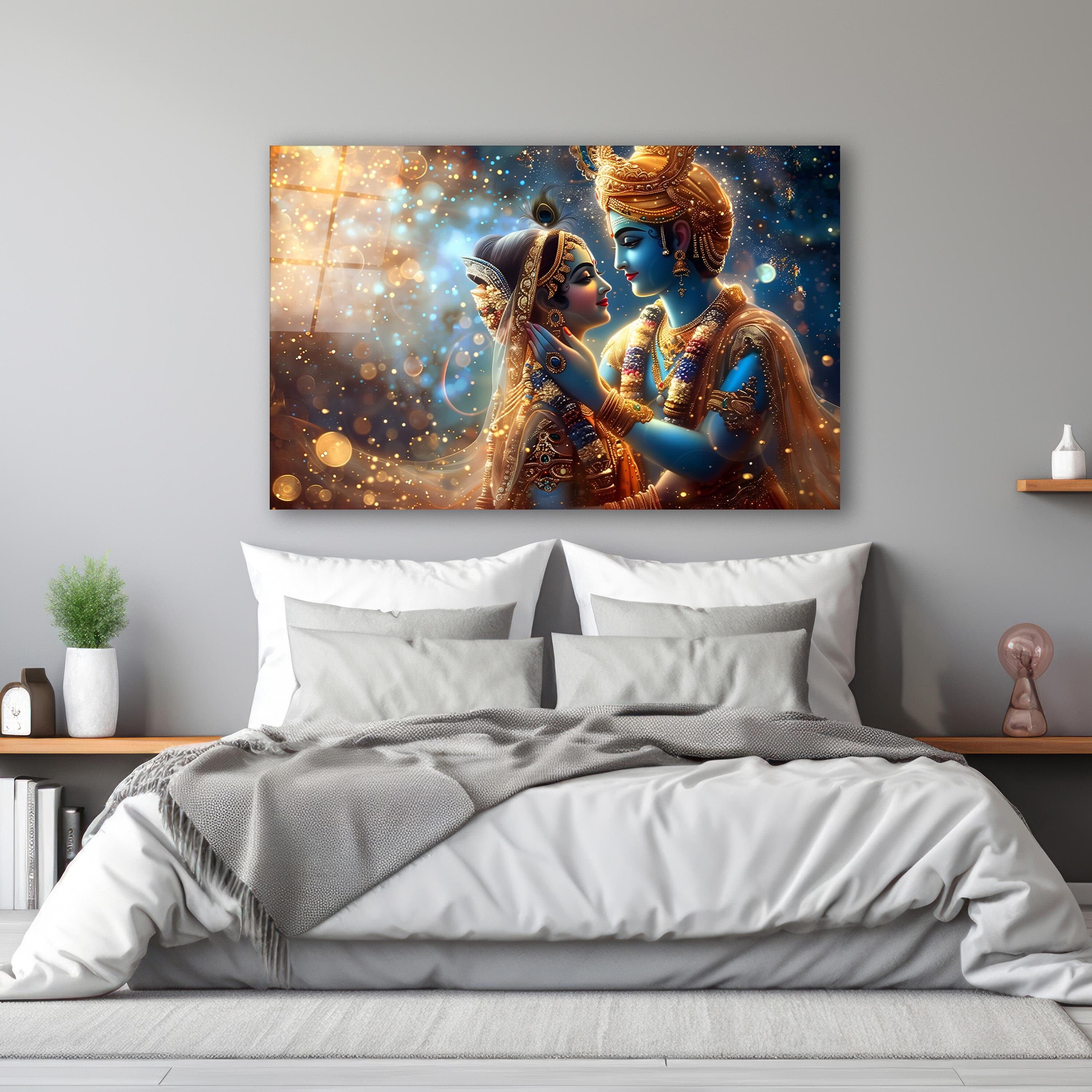 Radha Krishna Glass Wall Art, Hindu Deities Tempered Glass Print, Wall Hangings, Engagement Gifts, Above Bed Art, Wedding Gifts, Glass Print