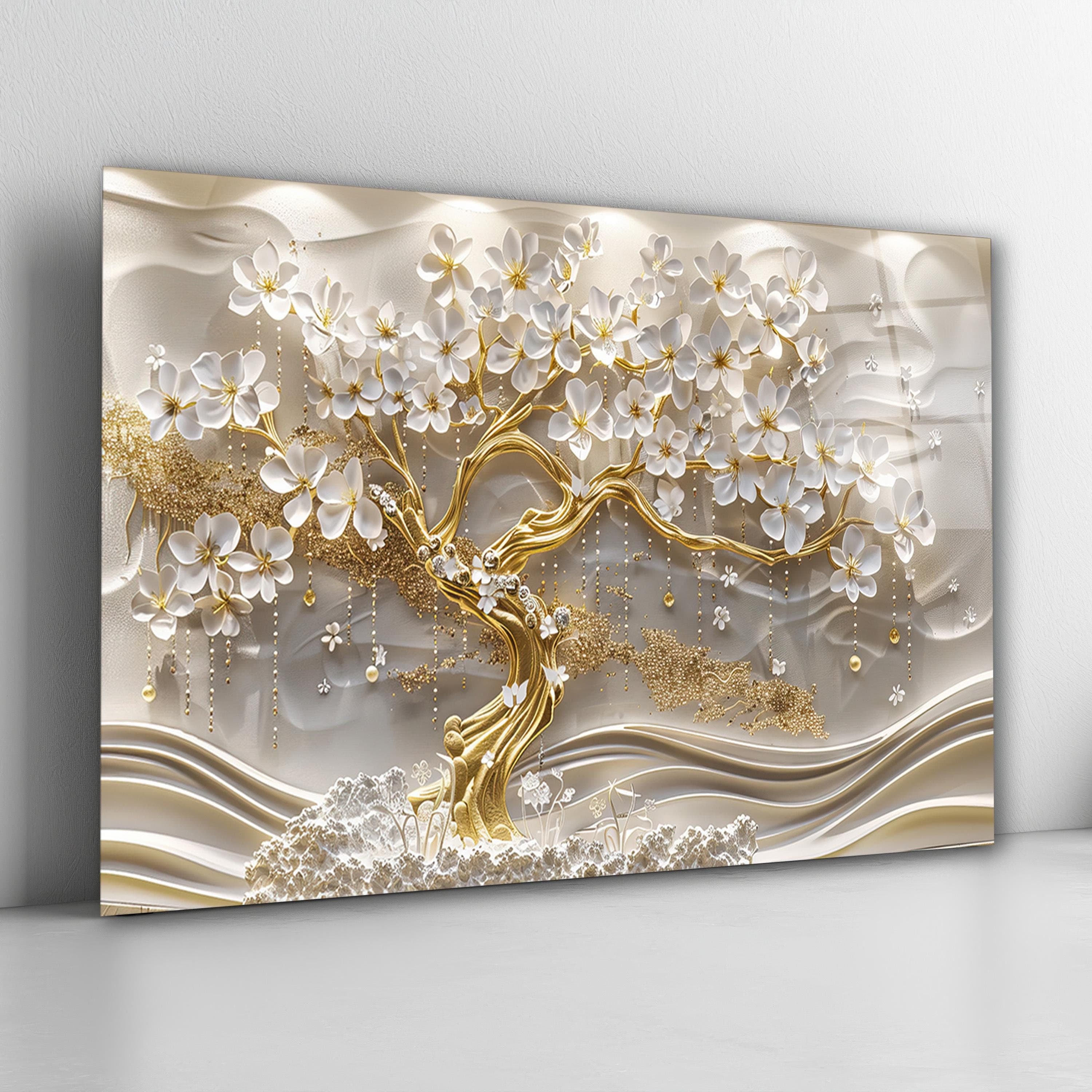 Golden Tree with White Flowers Glass Wall Art, Elegant Tempered Glass Decor, Living Room Wall Art, Luxury Glass Print, Mother's Day Gifts