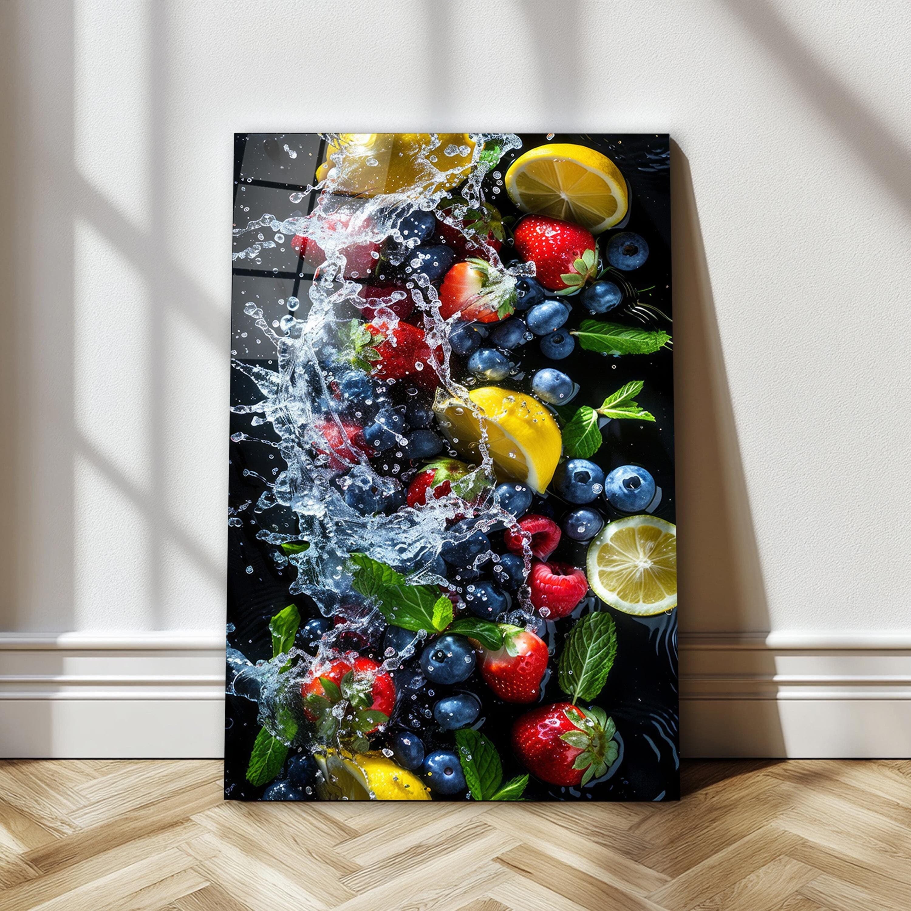 Juicy Fruits Splashing Glass Wall Art, Fruit Tempered Glass Decor, Kitchen Wall Art, Dining Room Decor, Housewarming Gifts, Wall Hangings