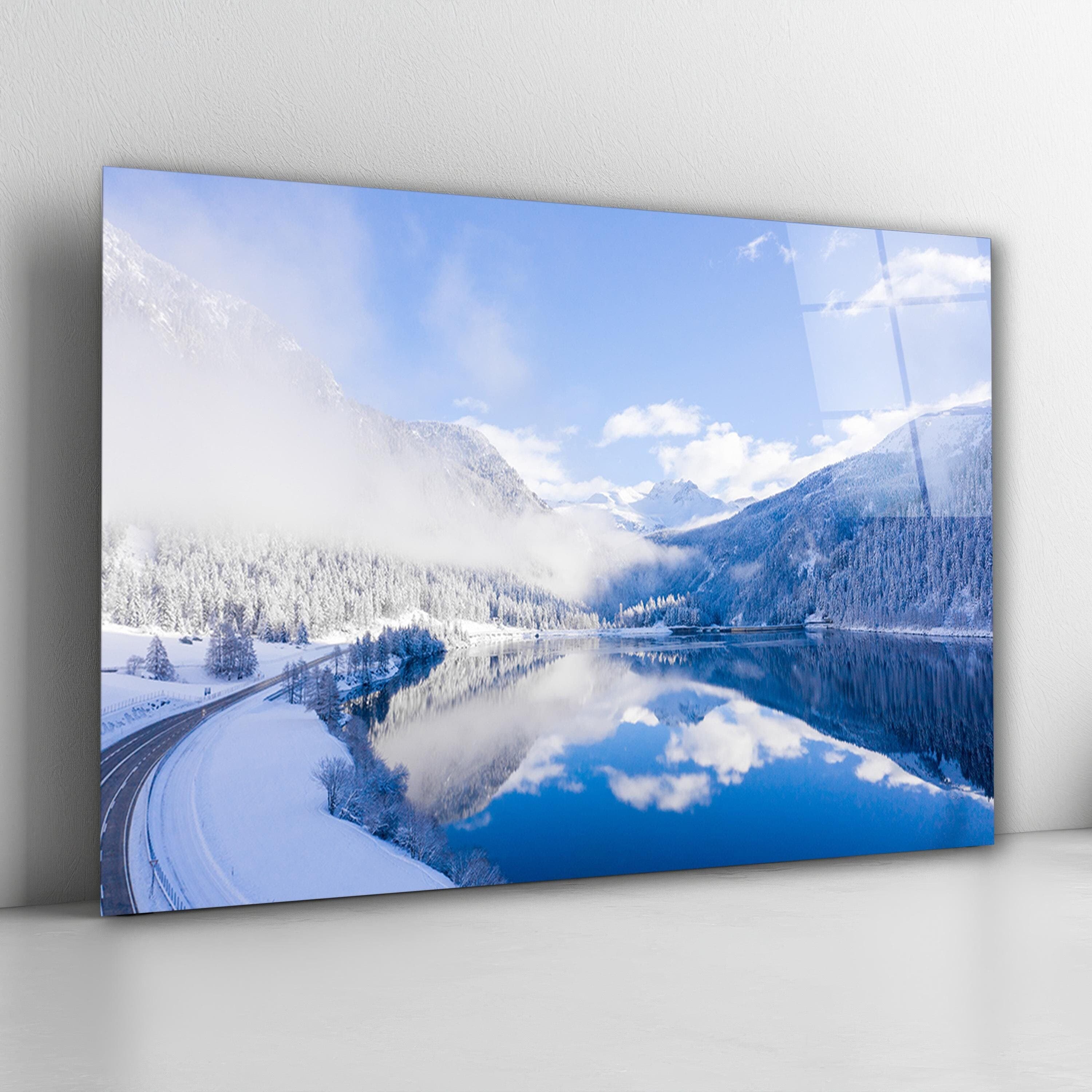 Winter Landscape Glass Wall Art, Snowy Mountains Tempered Glass Decor, Living Room Art, Housewarming Gifts, Valentine's Gifts, Wall Hangings