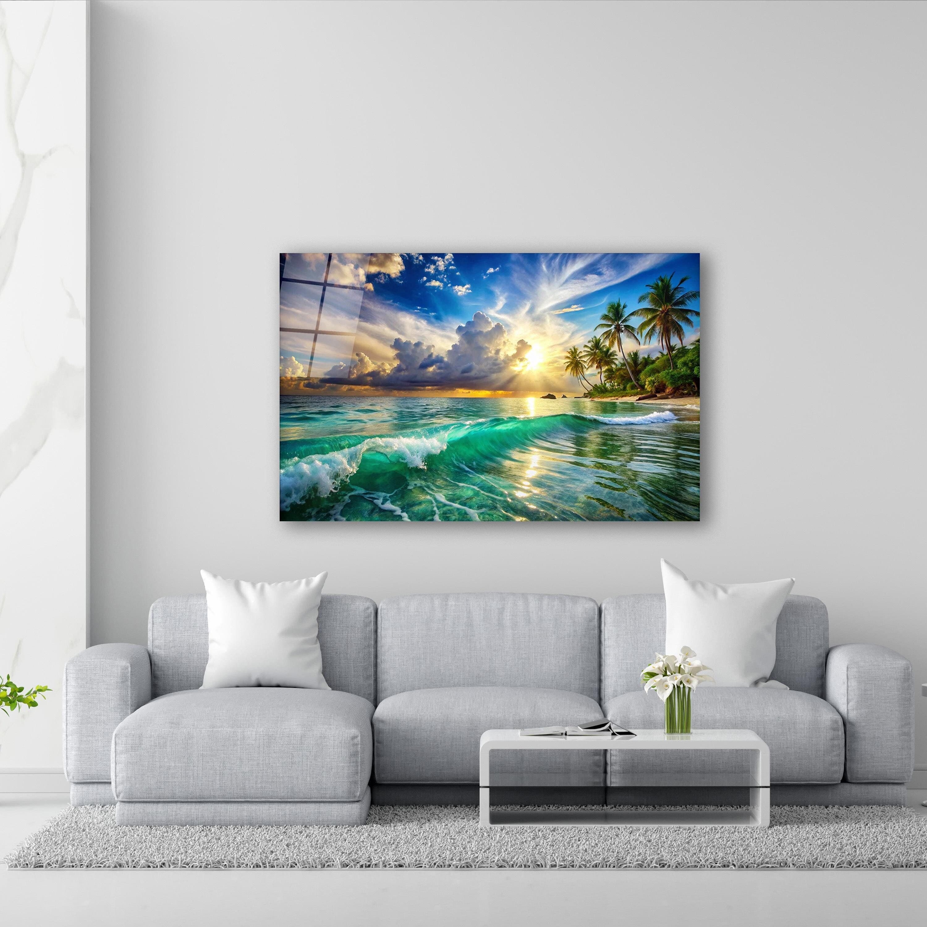 Tropical Coastal Glass Wall Art, Maldives Tempered Glass Decor, Ocean Waves Art, Living Room Art, New Home Gifts, Wall Hangings, Home Decor