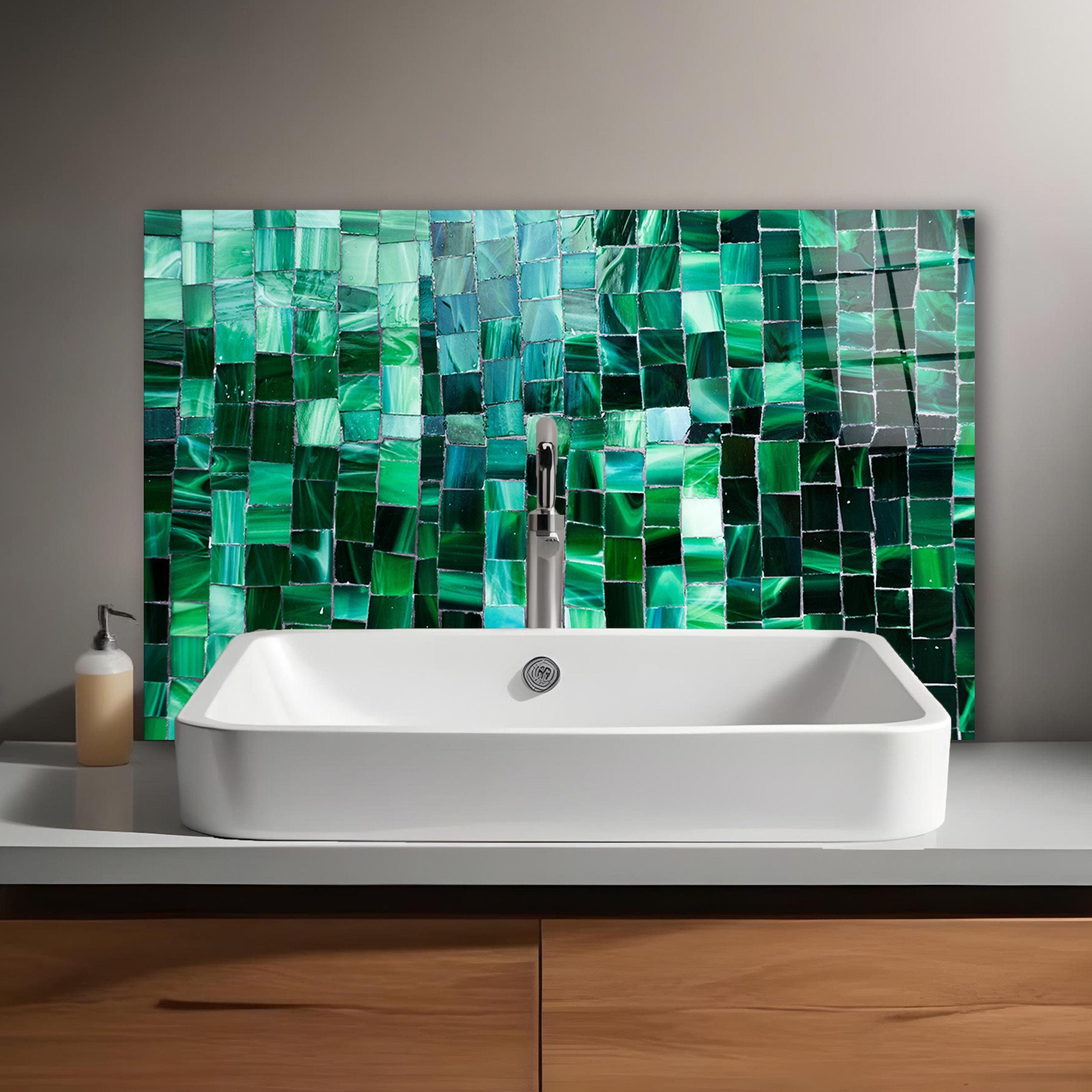 Green Mosaic Tempered Glass Backsplash, Emerald Bathroom Backsplash, Anniversary Gifts, Glass Sink Backsplash Panel, Bathroom Wall Decor