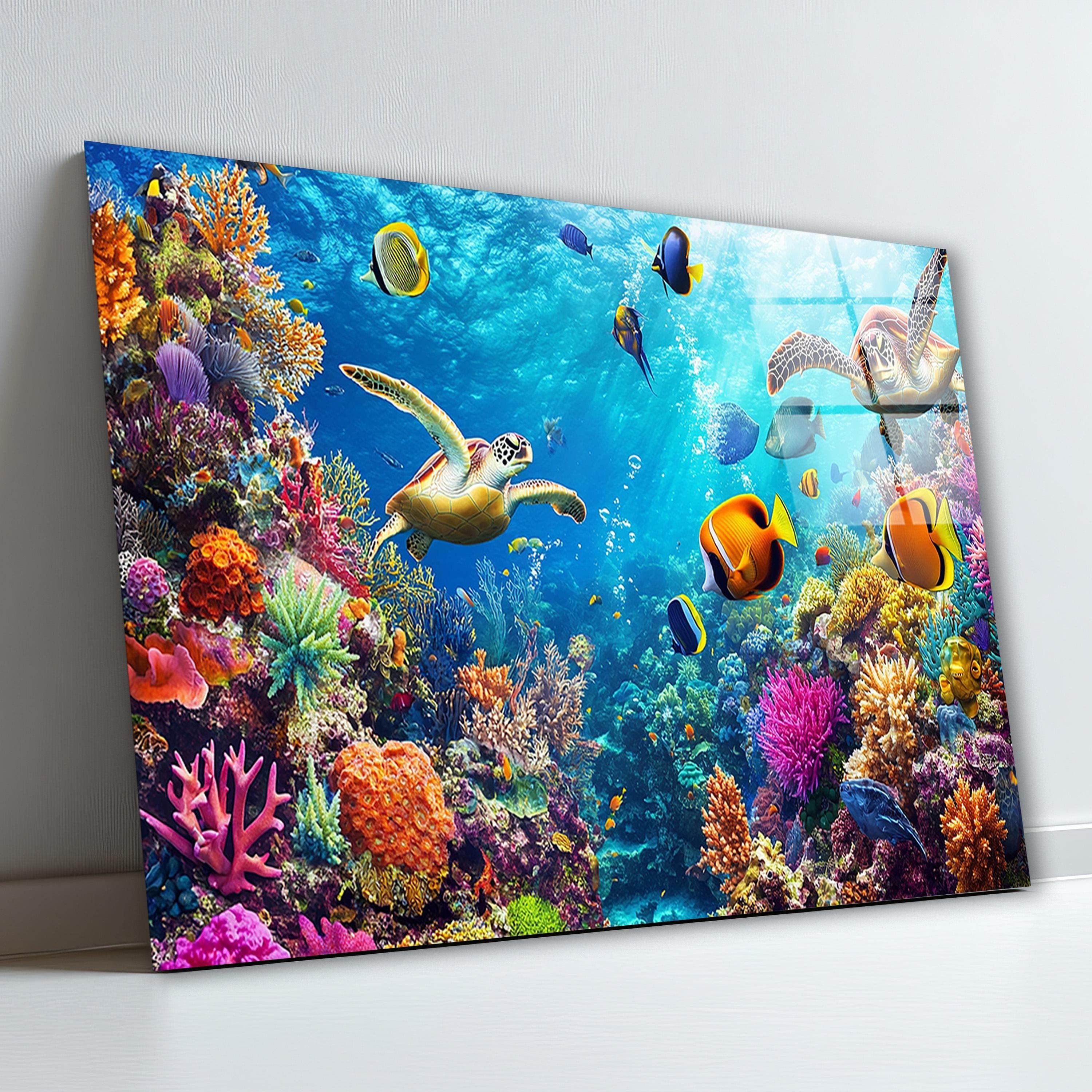 Colorful Fish & Sea Turtles Glass Wall Art, Aquarium Tempered Glass Decor, Coral Reef Art, Ocean Wall Art, Valentine's Gifts, Glass Print