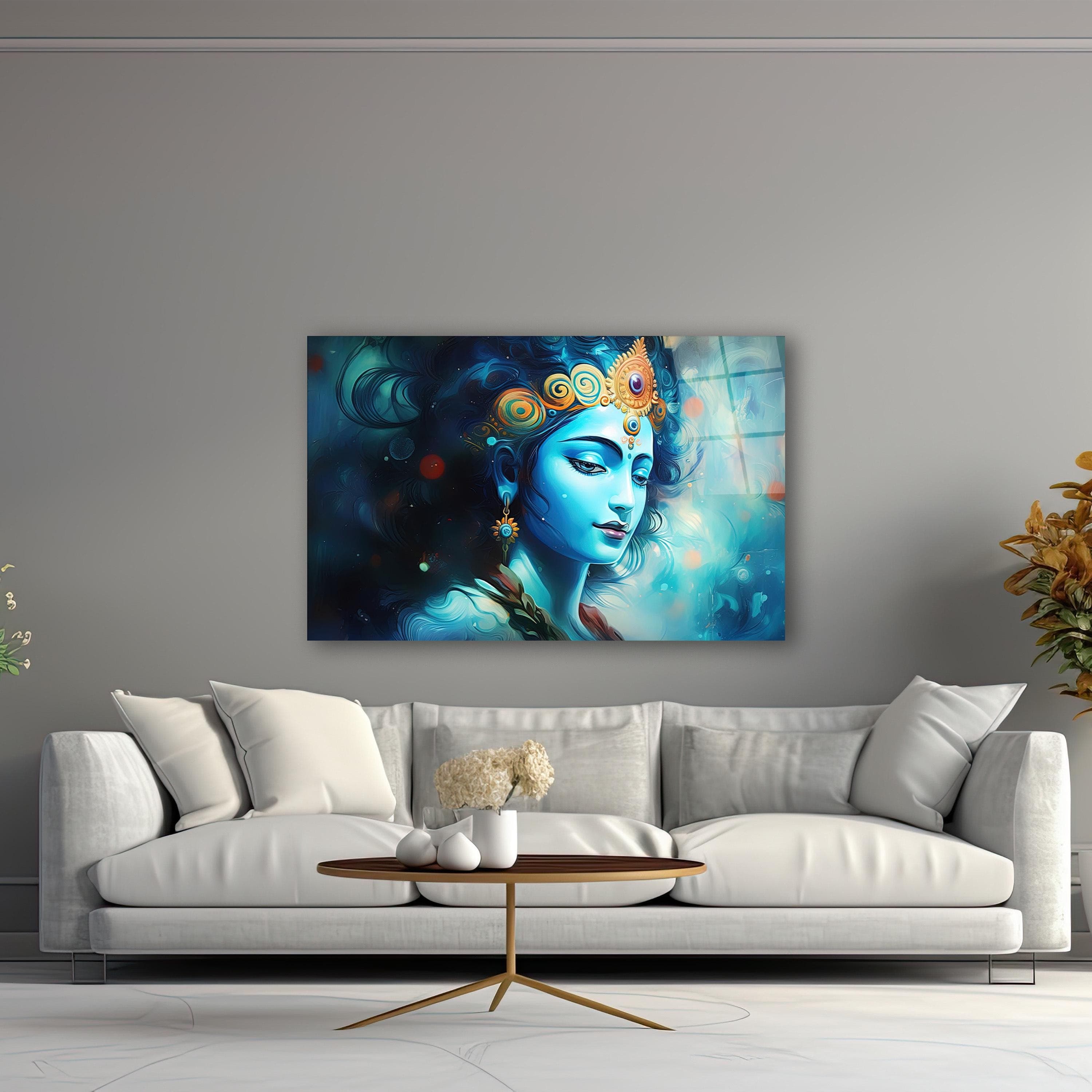 Krishna Glass Wall Art, Hindu Deity Blue Tempered Glass Decor, New Home Gifts, Wedding Gifts, Anniversary Gifts, Wall Hangings, Glass Print