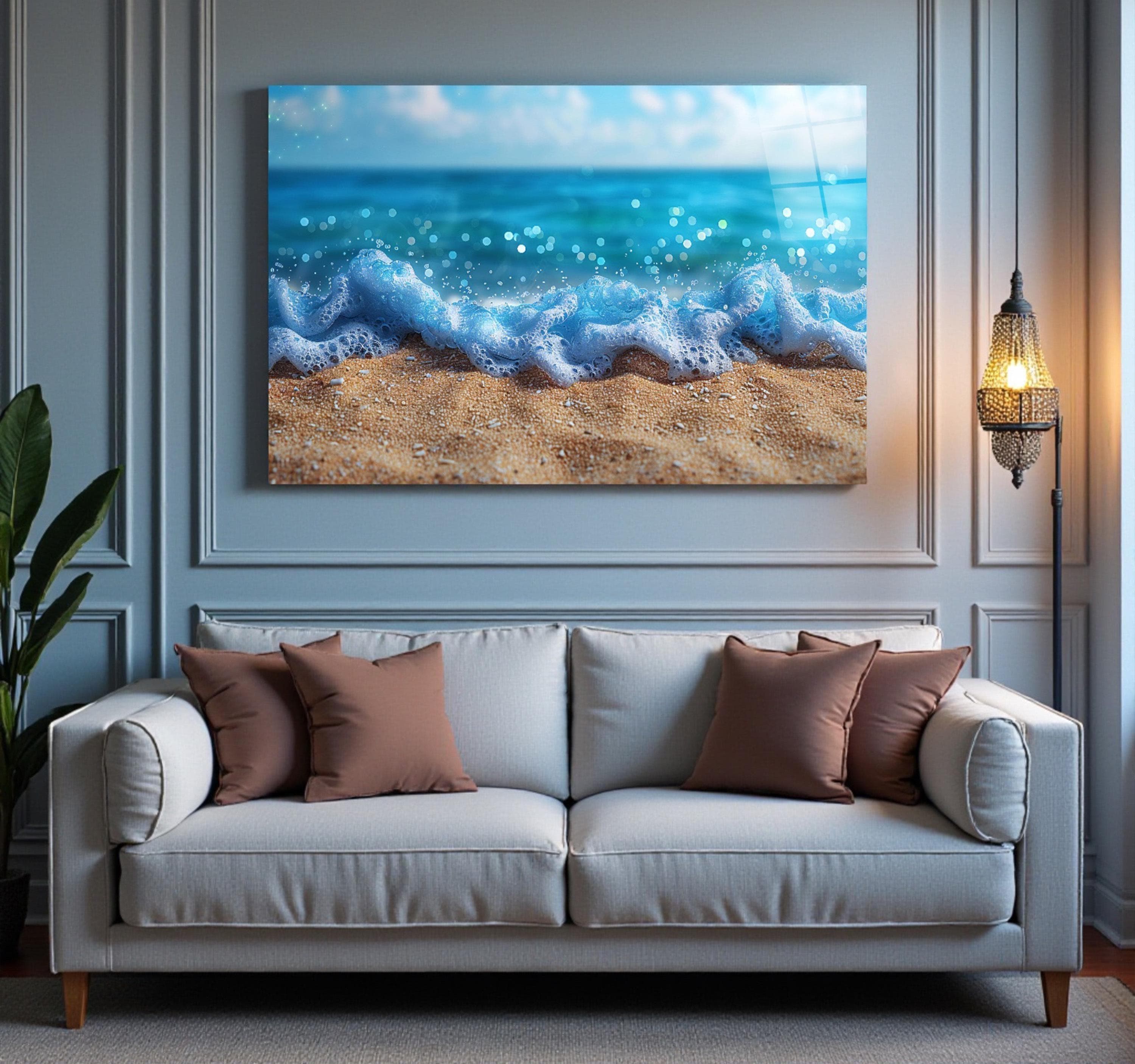 Sandy Beach Glass Wall Art, Blue Ocean Tempered Glass Decor, Coastal Wall Art, Living Room Art, Above Bed Art, New Home Gifts, Wall Hangings
