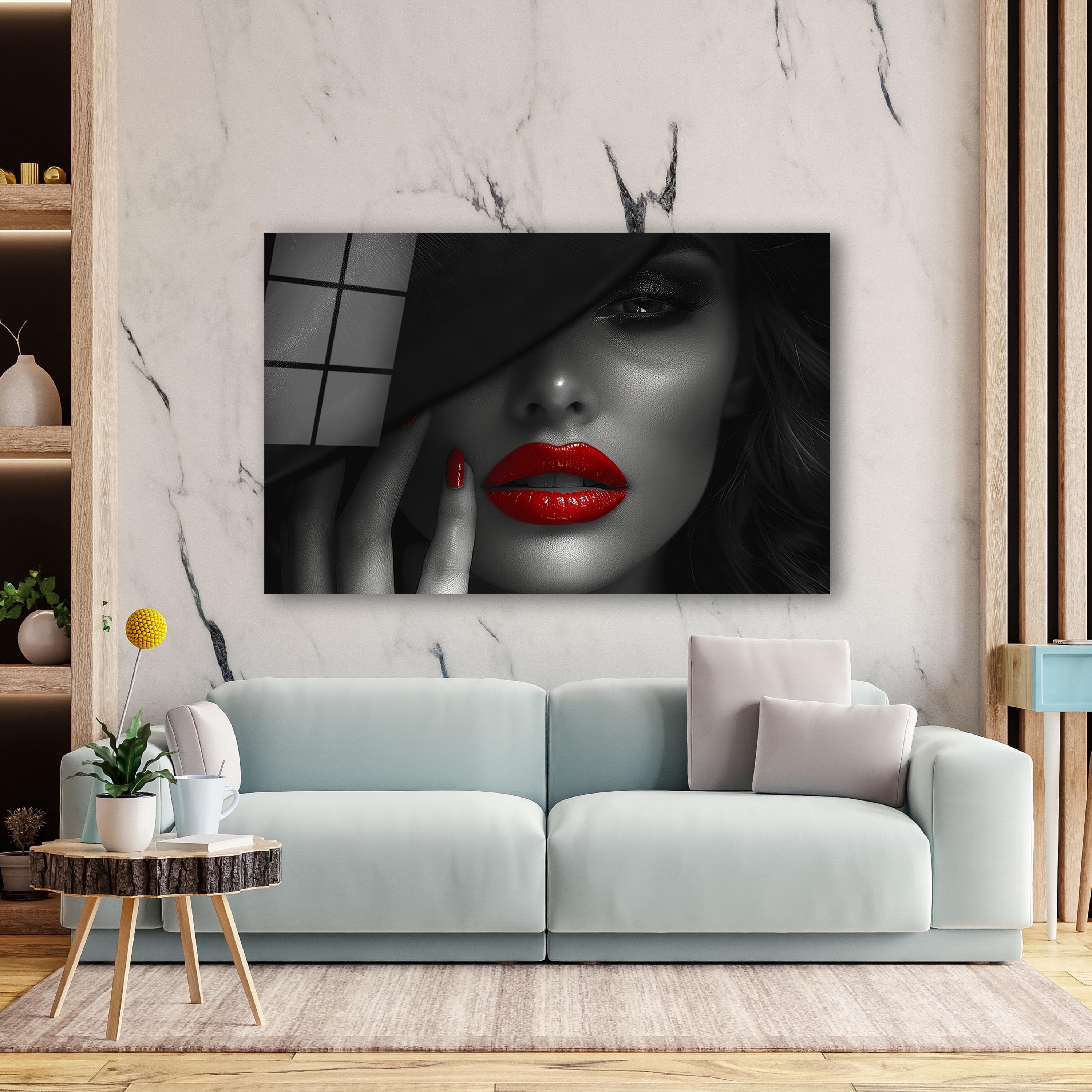 Lady with Red Lips Glass Wall Art, Beautiful Woman Tempered Glass Decor, Modern Wall Art, Living Room Decor, Above Bed Art, Birthday Gifts