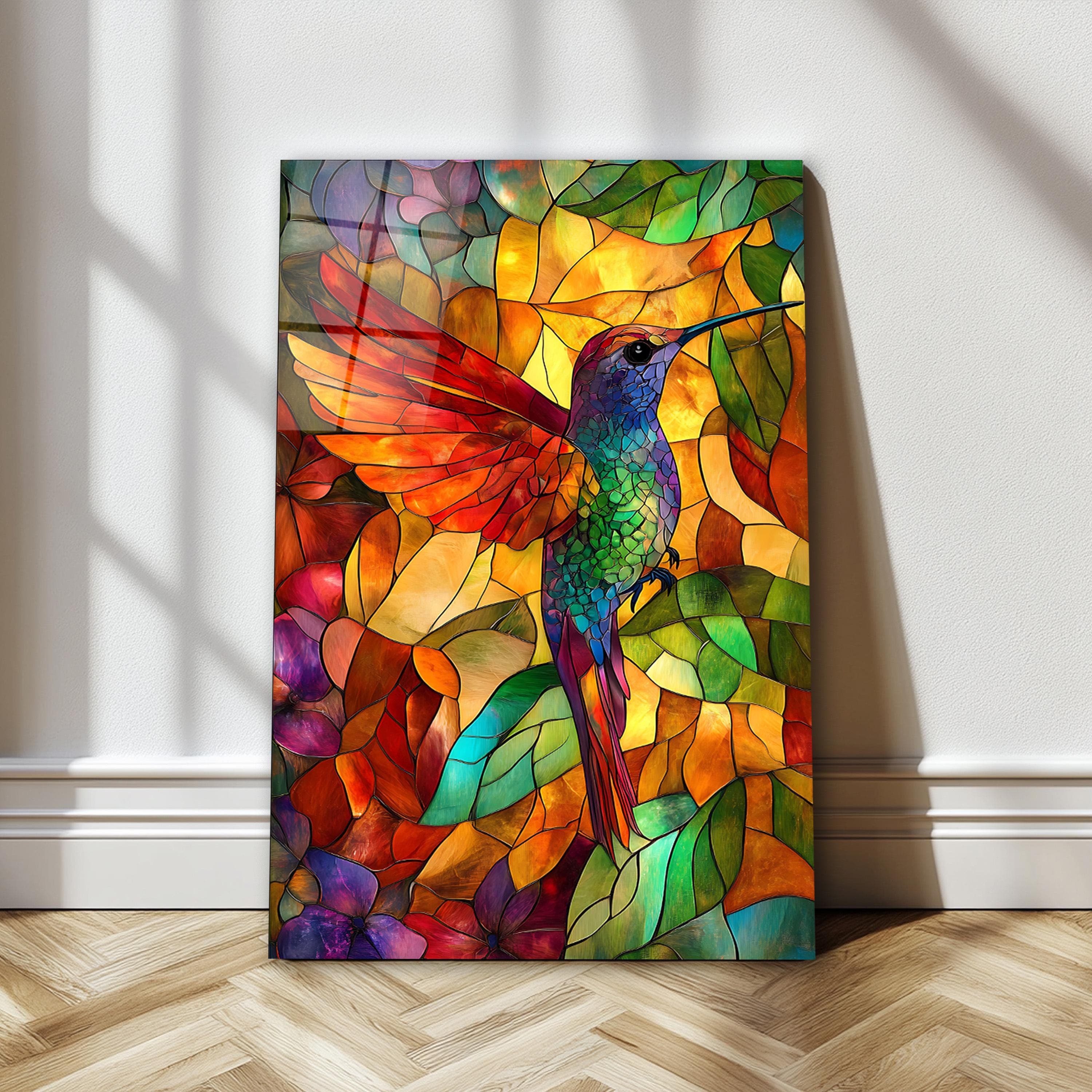 Stained Glass Effect Hummingbird Wall Art, Tempered Glass Colorful Bird Wall Decor, Floral Glass Wall Art, Valentine's Gifts, Wall Hangings