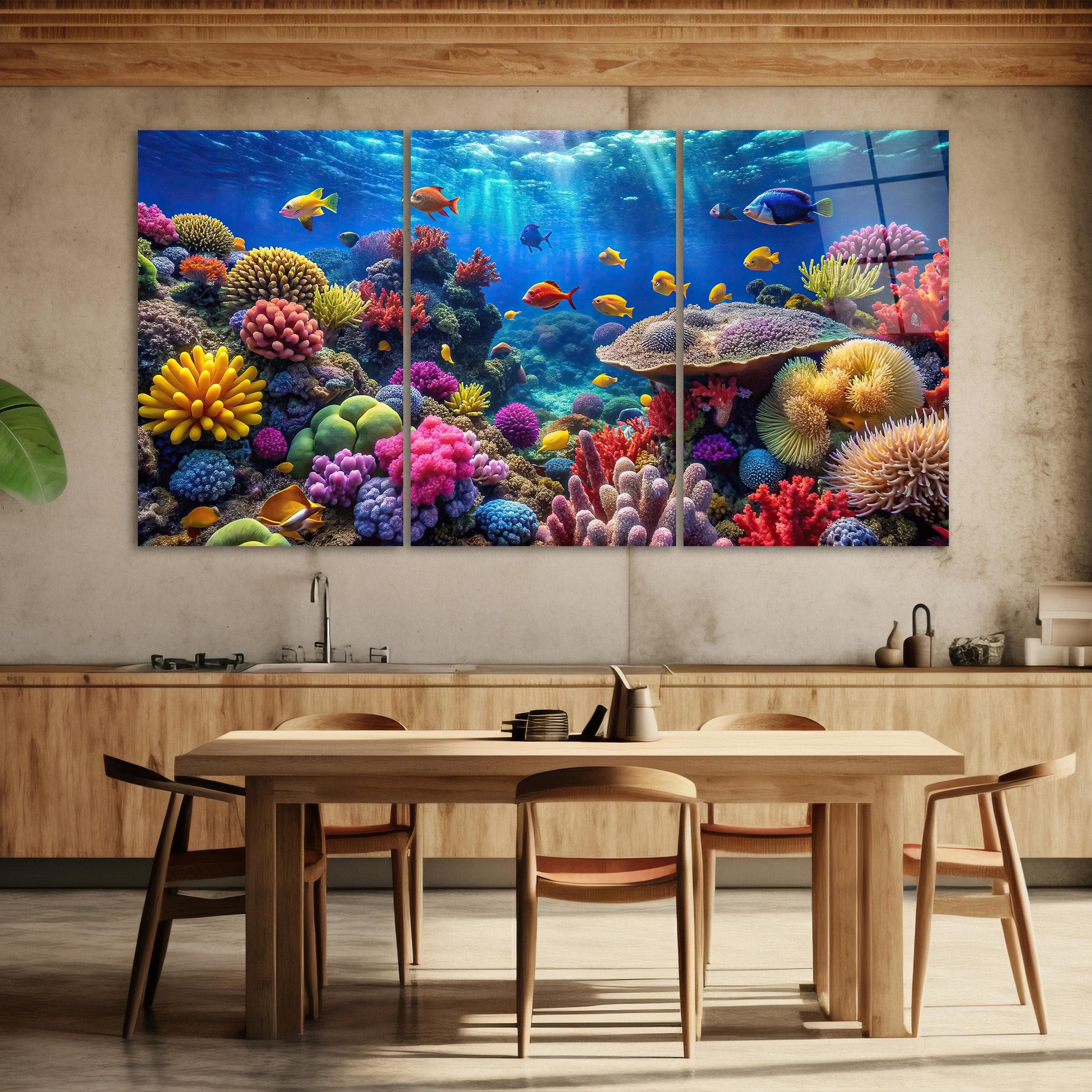 3-Piece Fish & Coral Reef Glass Wall Art, Triple Ocean Tempered Glass Decor, Aquarium Wall Art, Living Room Marine Art, Extra Large Wall Art