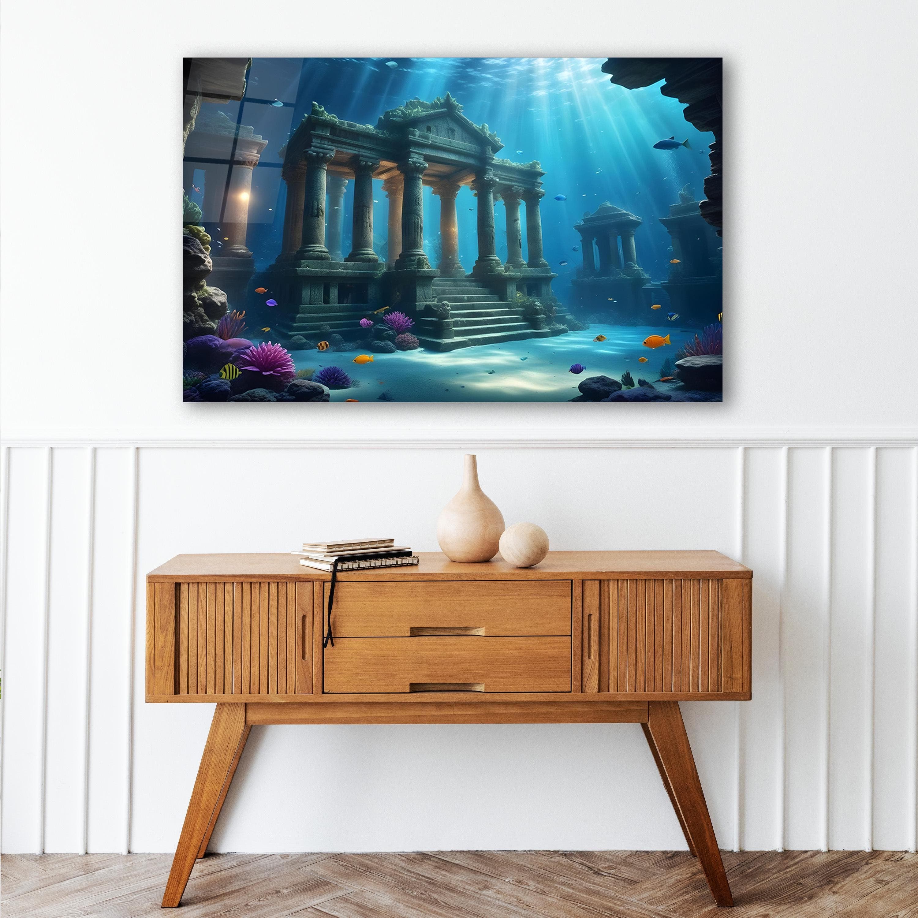 Sunken Temple Glass Wall Art, Underwater Ruins Tempered Glass Decor, Atlantis-Inspired Ocean Wall Art, Housewarming Gifts, Wall Hangings
