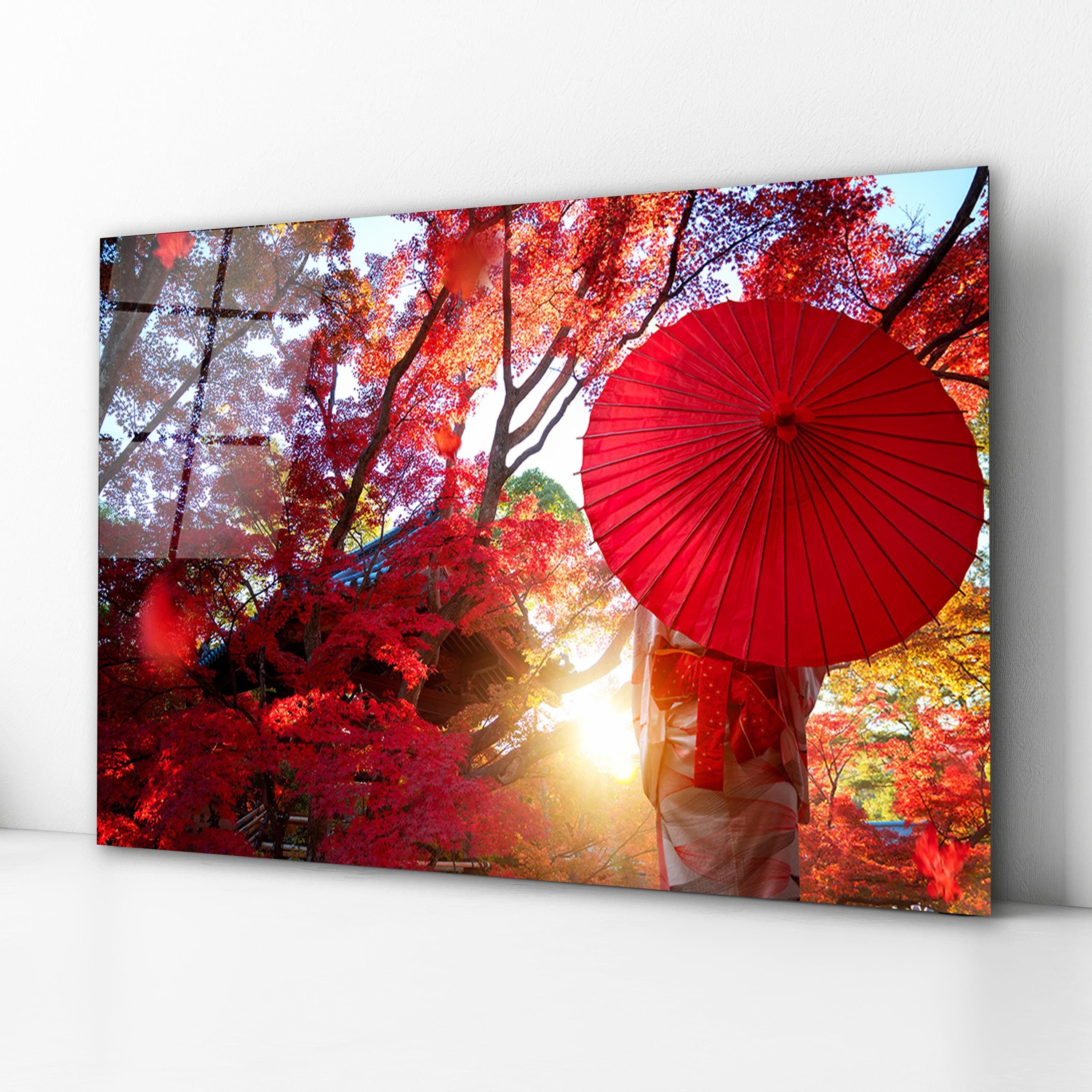 Japanese Girl in Kimono Holding Wagasa Glass Wall Art, Fall in Kyoto Tempered Glass Decor, Japanese Wall Art, New Home Gifts, Glass Print