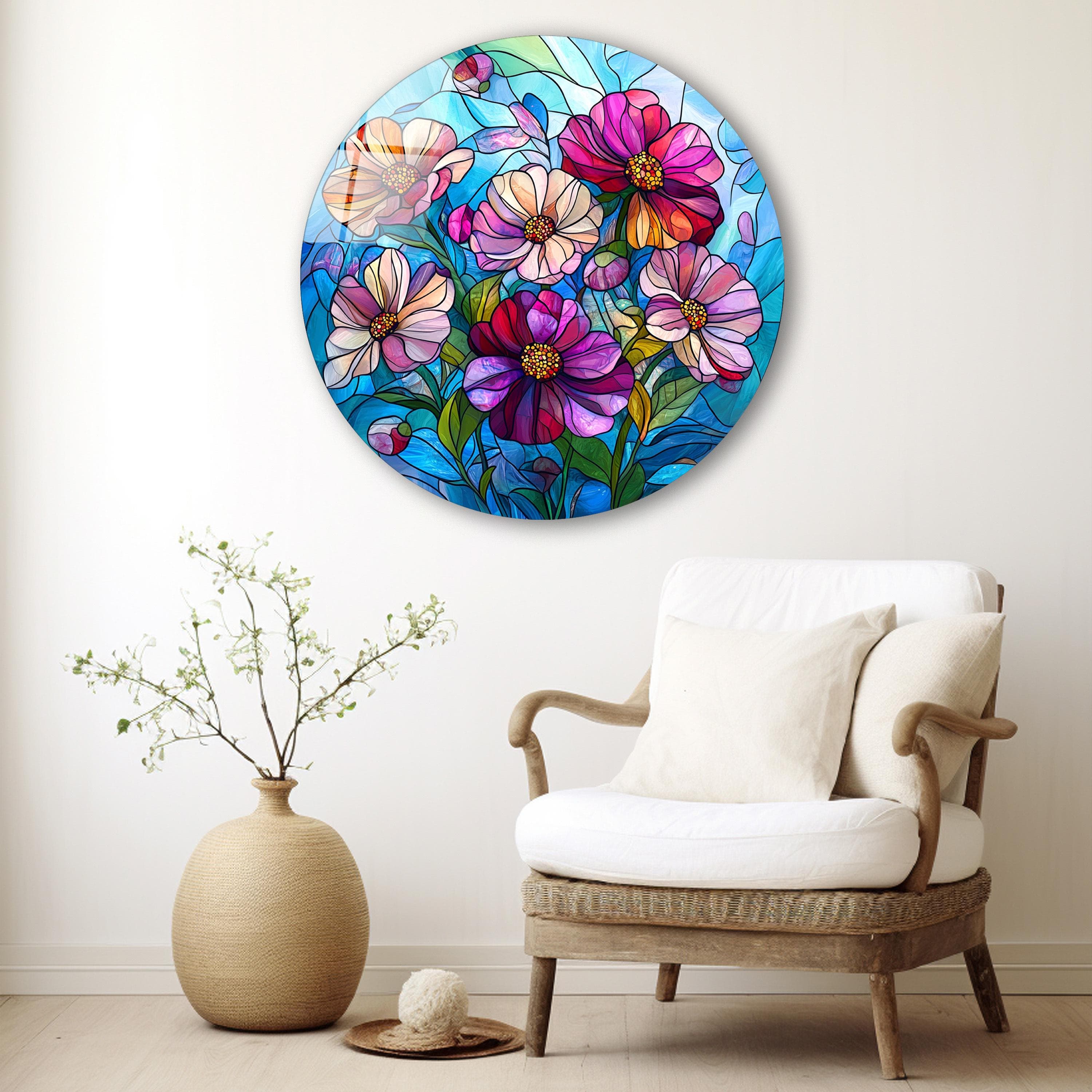 Round Floral Glass Wall Art, Elegant Flowers Tempered Glass Decor, Living Room Art, New Home Gifts, Pink Flowers Glass Print, Wall Hangings
