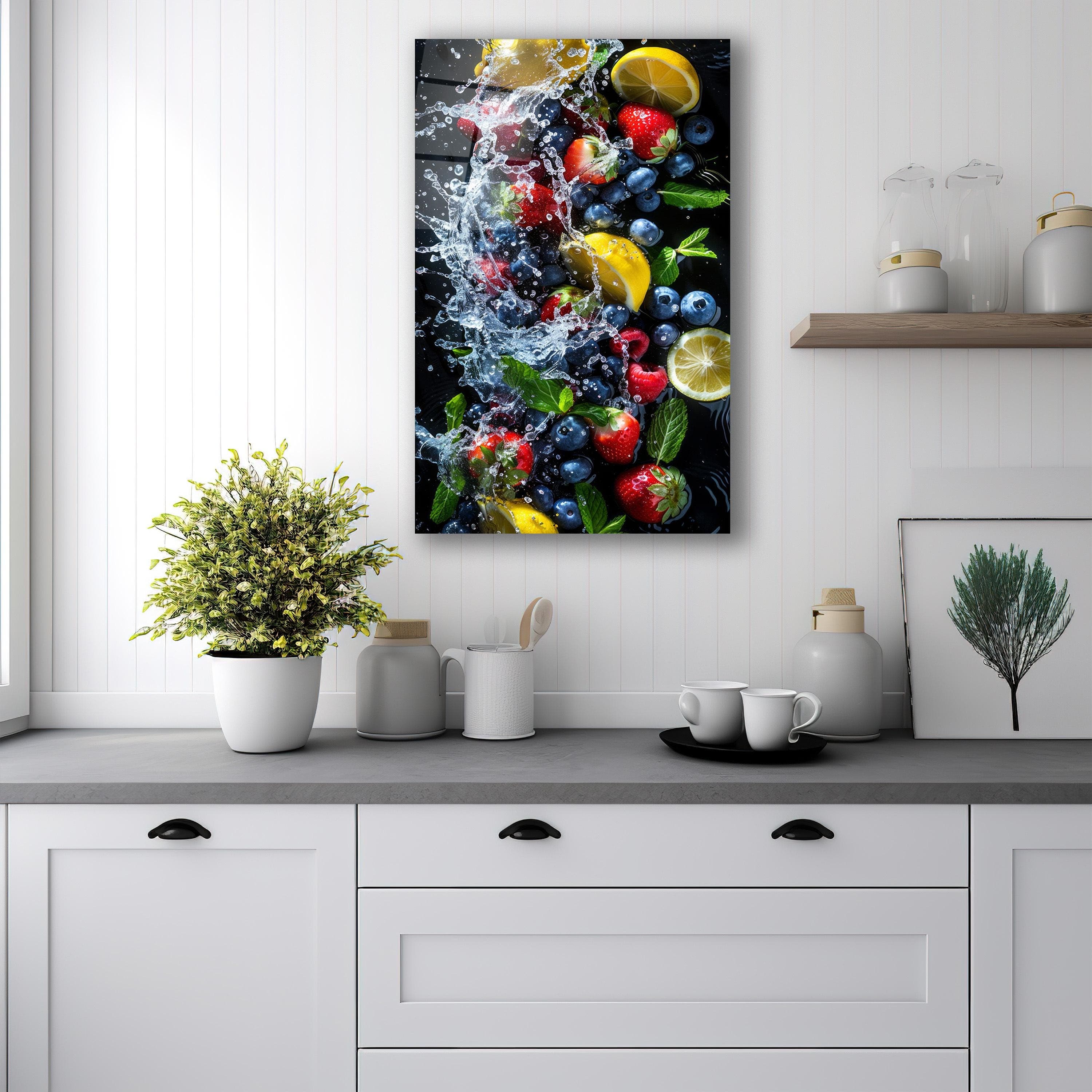 Juicy Fruits Splashing Glass Wall Art, Fruit Tempered Glass Decor, Kitchen Wall Art, Dining Room Decor, Housewarming Gifts, Wall Hangings