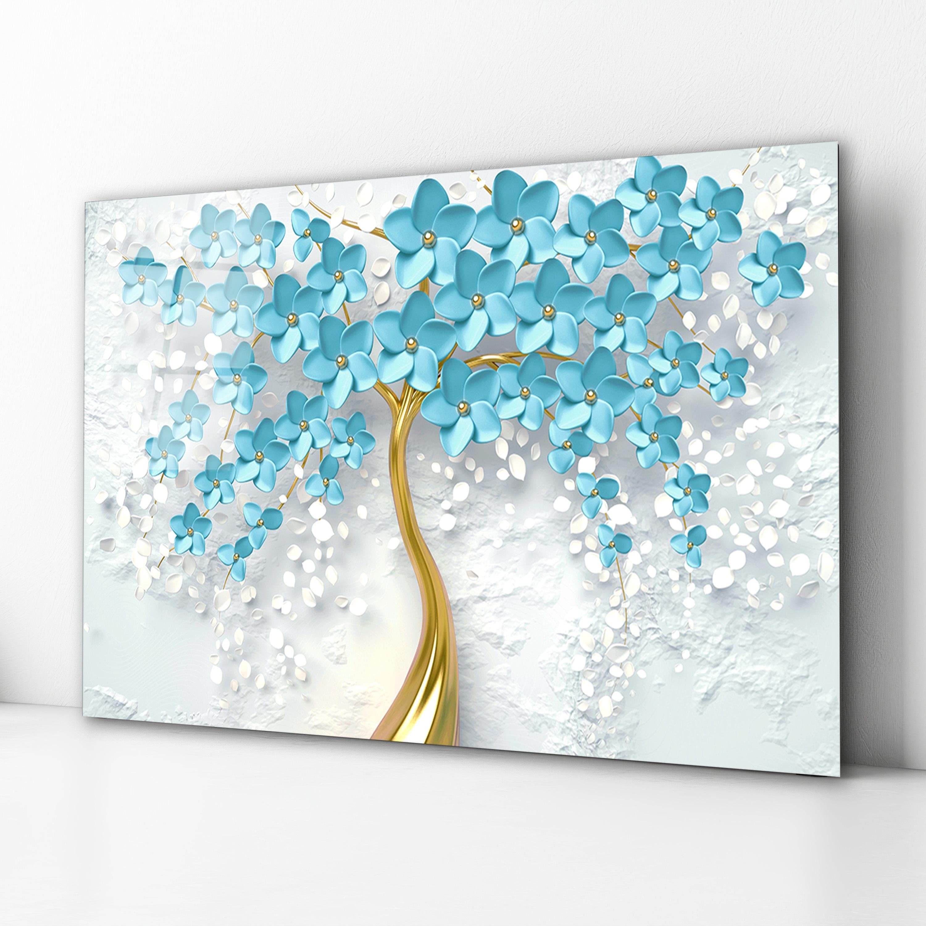 Elegant Floral Tempered Glass Wall Art, Gold Tree with Blue Flowers Wall Decor, Luxury Art, Living Room Art, Valentine's Gifts, Home Decor