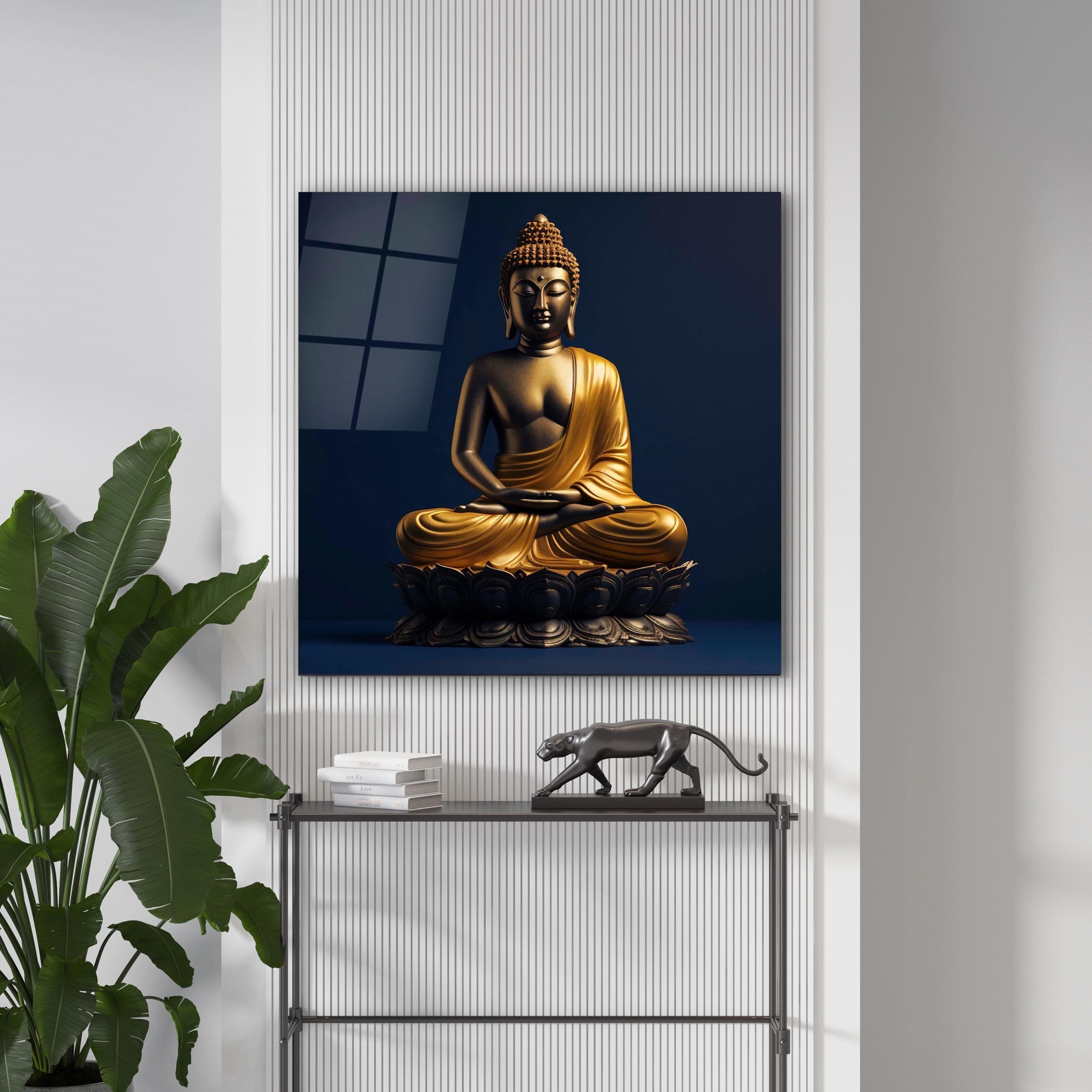 Golden Buddha Glass Wall Art, Buddha Statue Tempered Glass Decor, Modern Spiritual Art, Interior Design Ideas, New Home Gifts, Glass Print