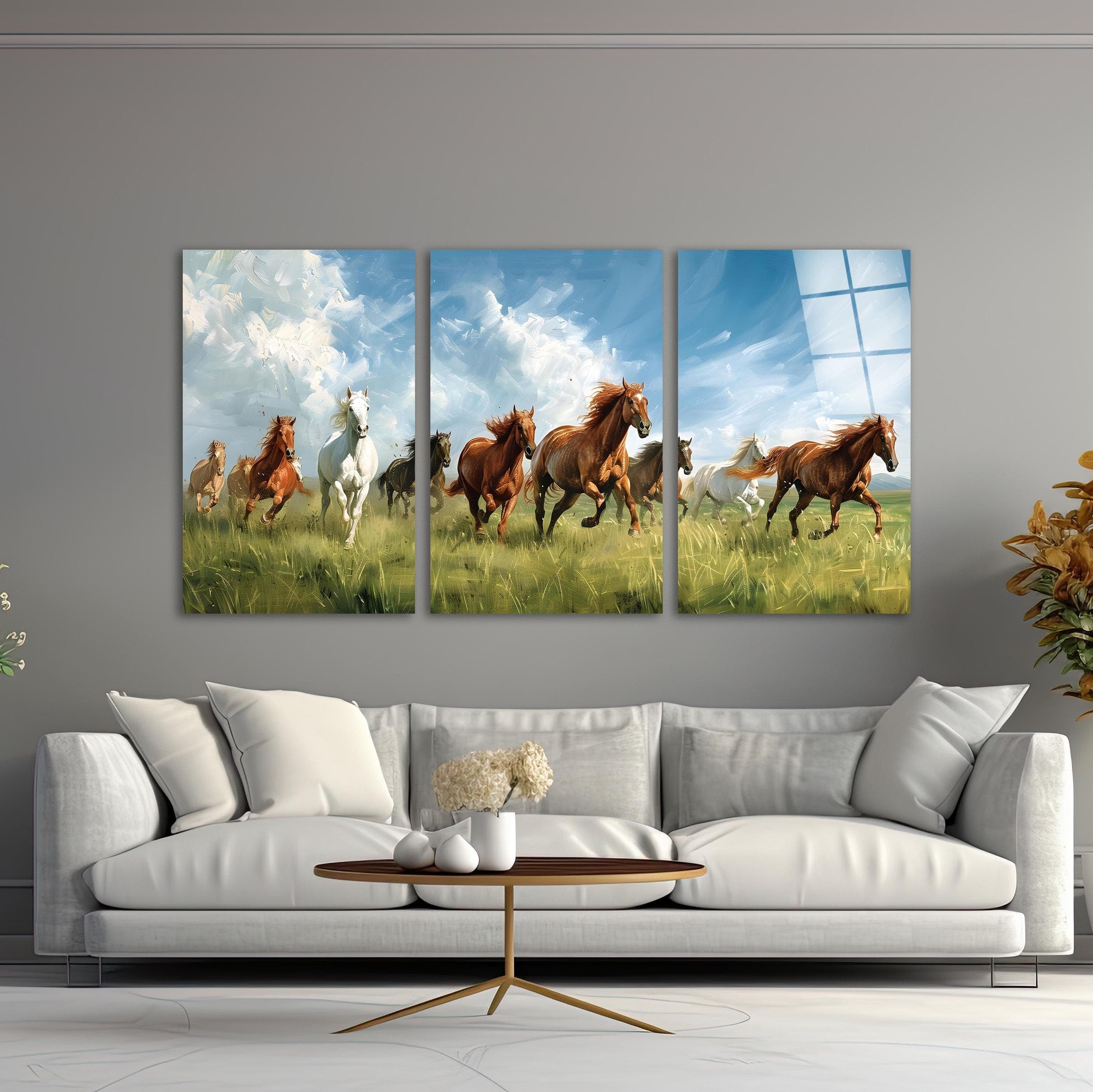 Triple Running Horses Tempered Glass Wall Art, Luxury Wall Art, Living Room Art, Office Wall Art, Anniversary Gifts, Extra Large Wall Art