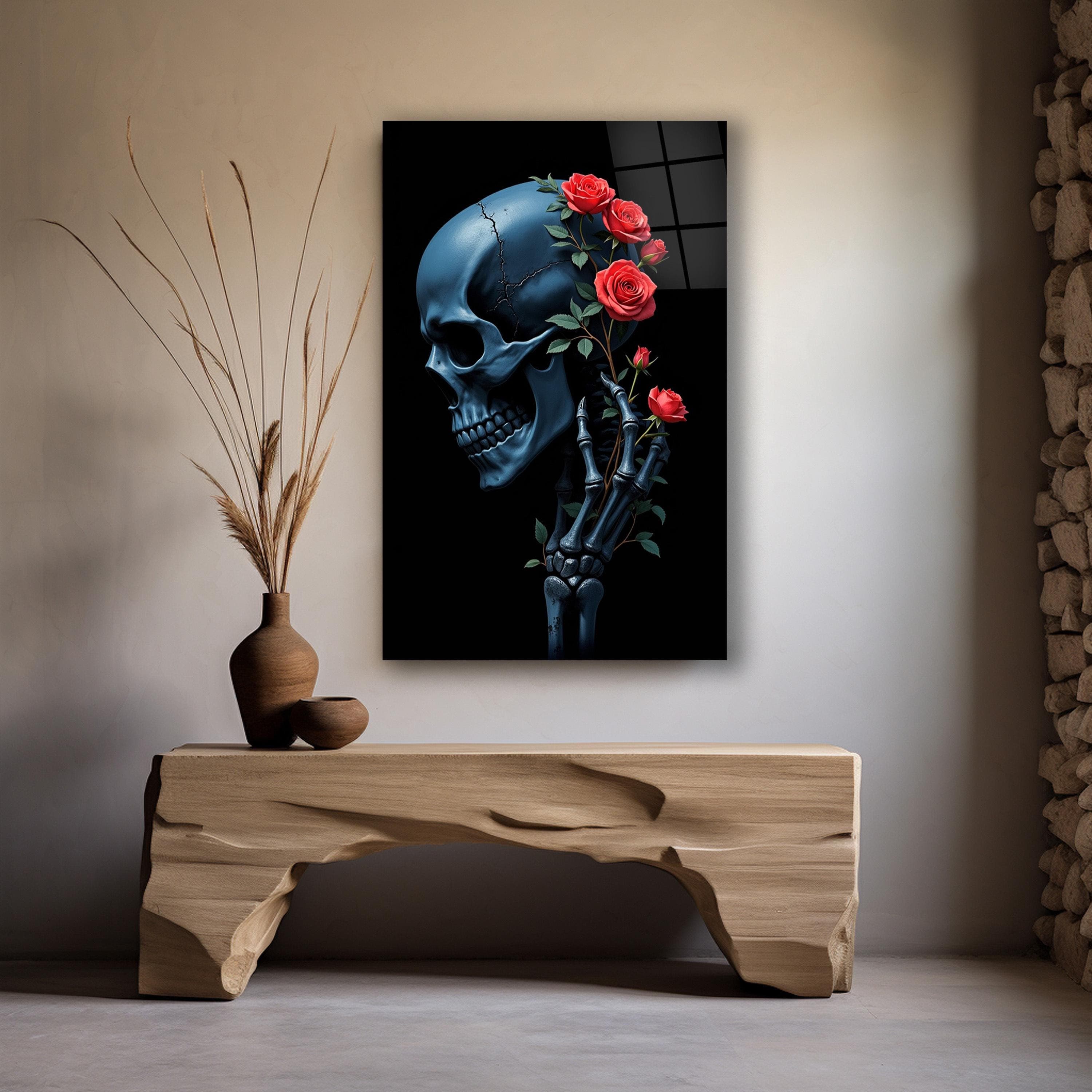 Skeleton and Roses Glass Wall Art, Gothic Tempered Glass Decor, Skull and Rose Wall Decor, Living Room Wall Art, Unique Gifts, Wall Hangings