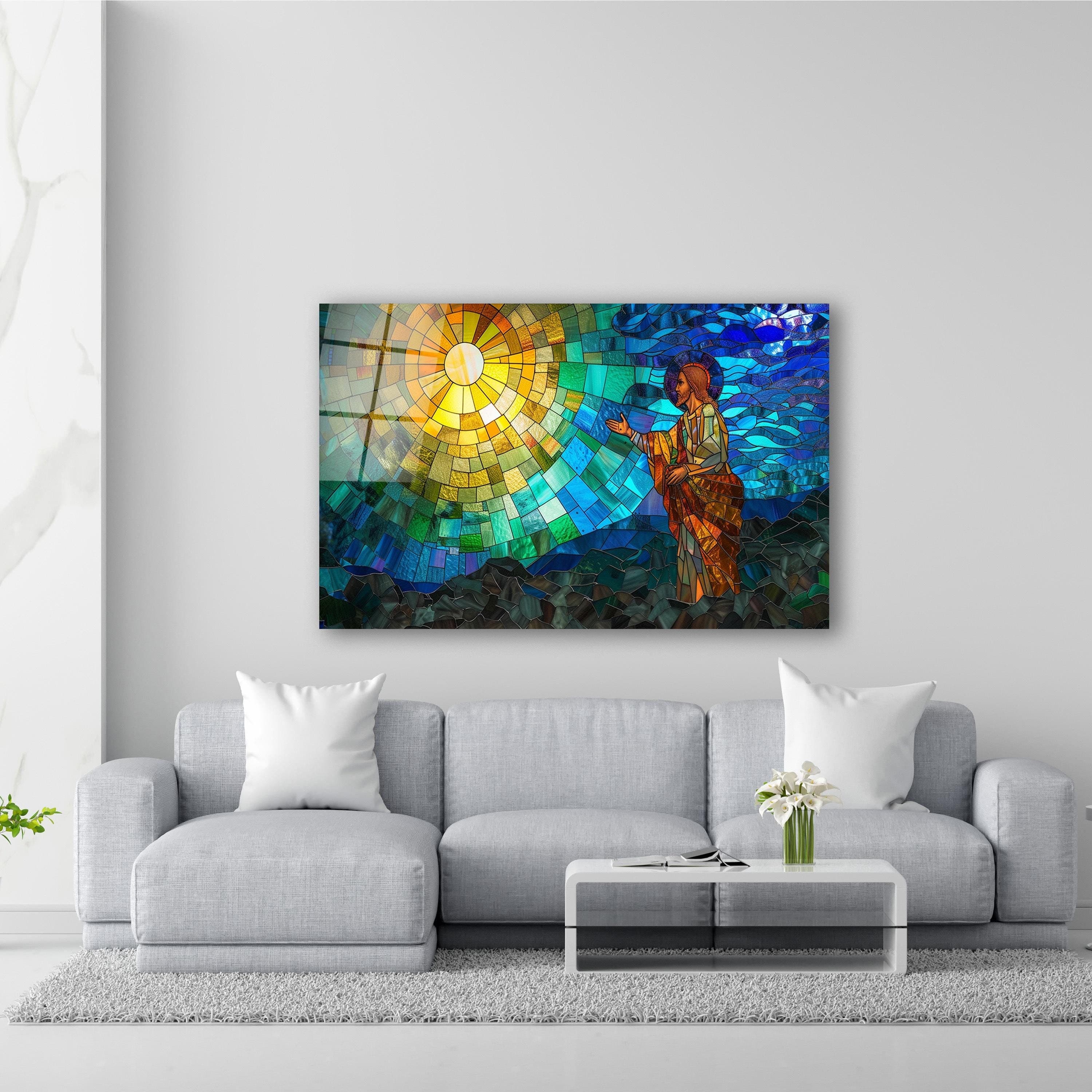 Sermon On The Mount Stained Glass Wall Art, Jesus Christ Tempered Glass Wall Decor, Living Room Art, Housewarming Gifts, Anniversary Gifts