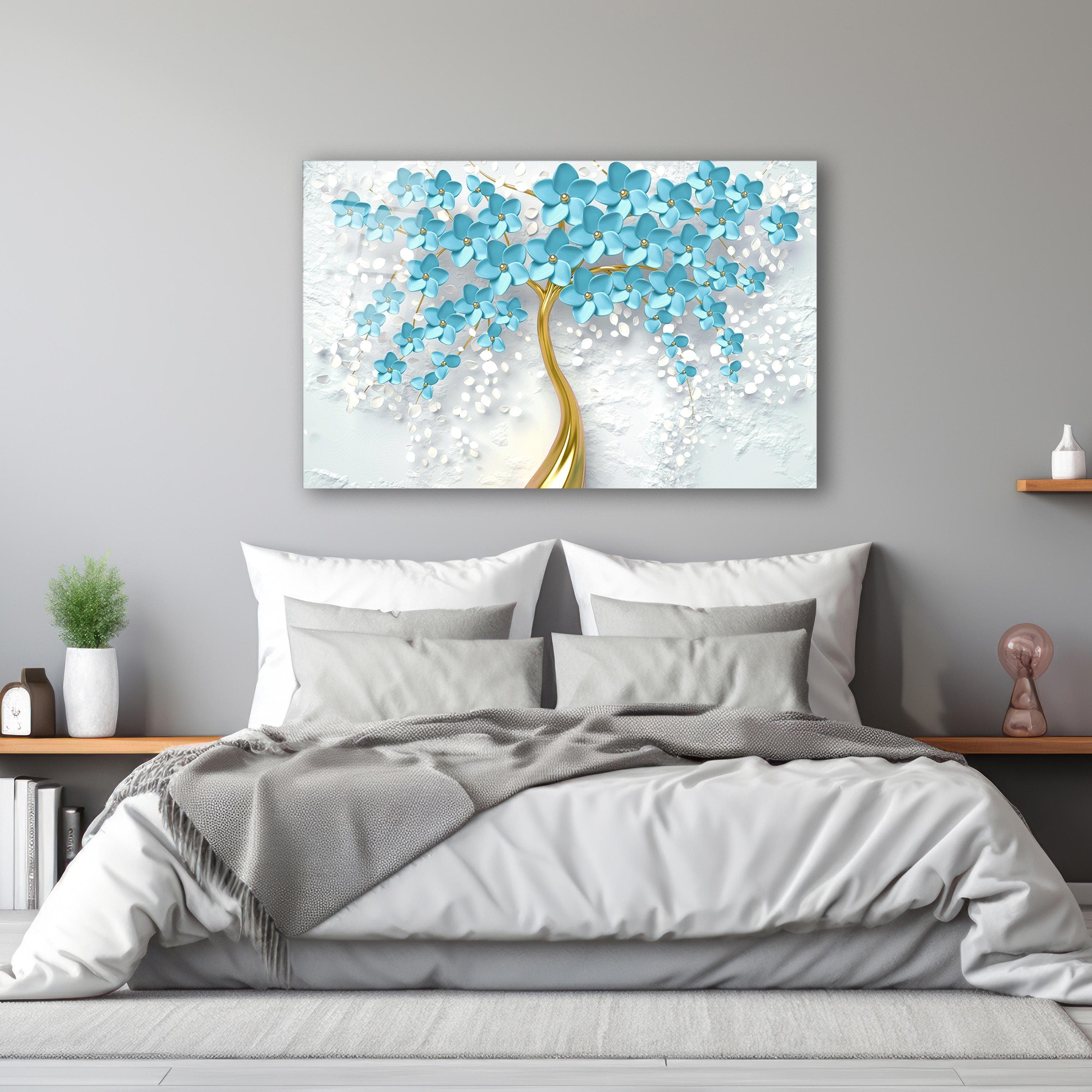 Elegant Floral Tempered Glass Wall Art, Gold Tree with Blue Flowers Wall Decor, Luxury Wall Art, Living Room Art, New Home Gifts, Home Decor