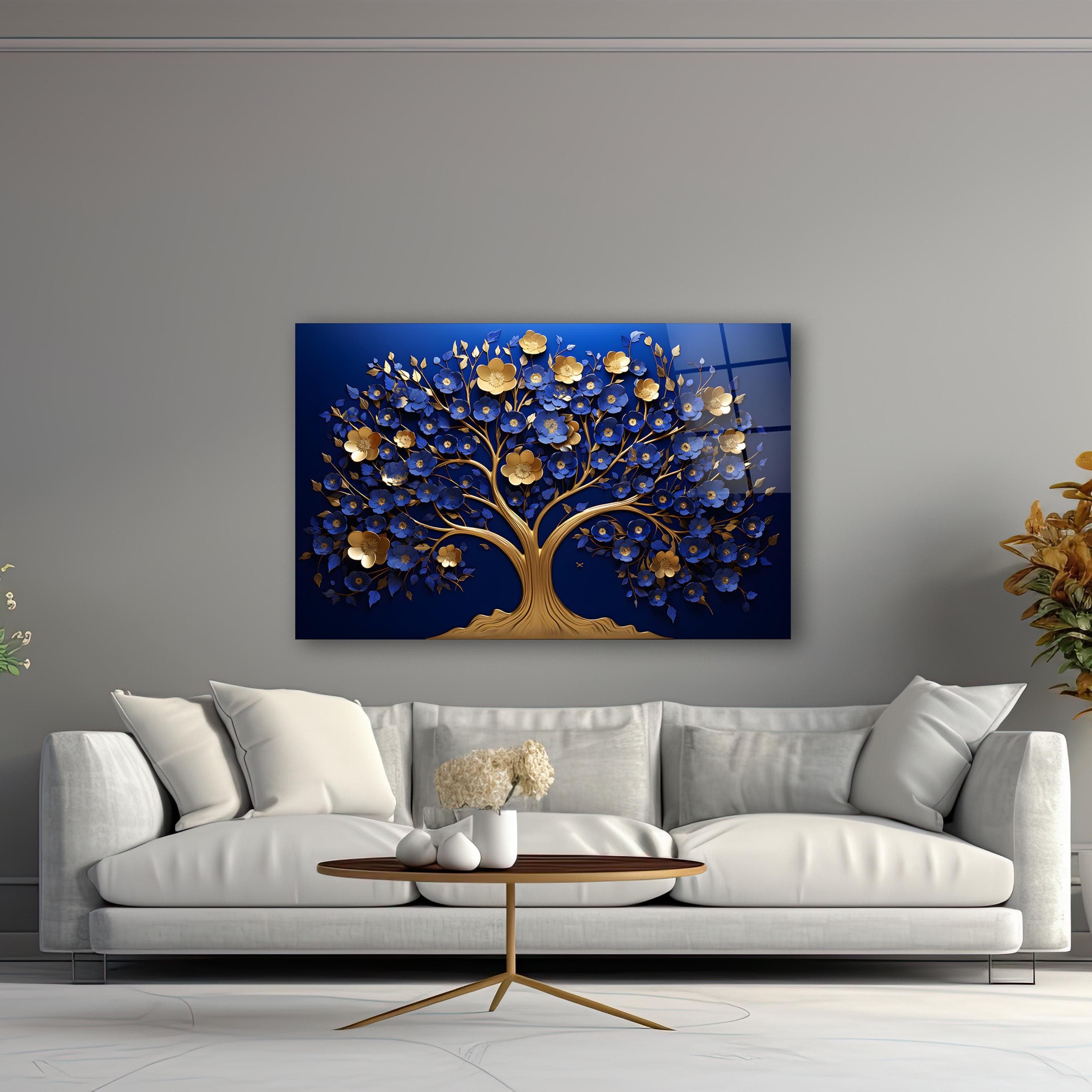 Blue & Gold Glass Wall Art, Tempered Glass Tree of Life Wall Decor, Modern Wall Art, Living Room Decor, Housewarming Gifts, Christmas Gifts