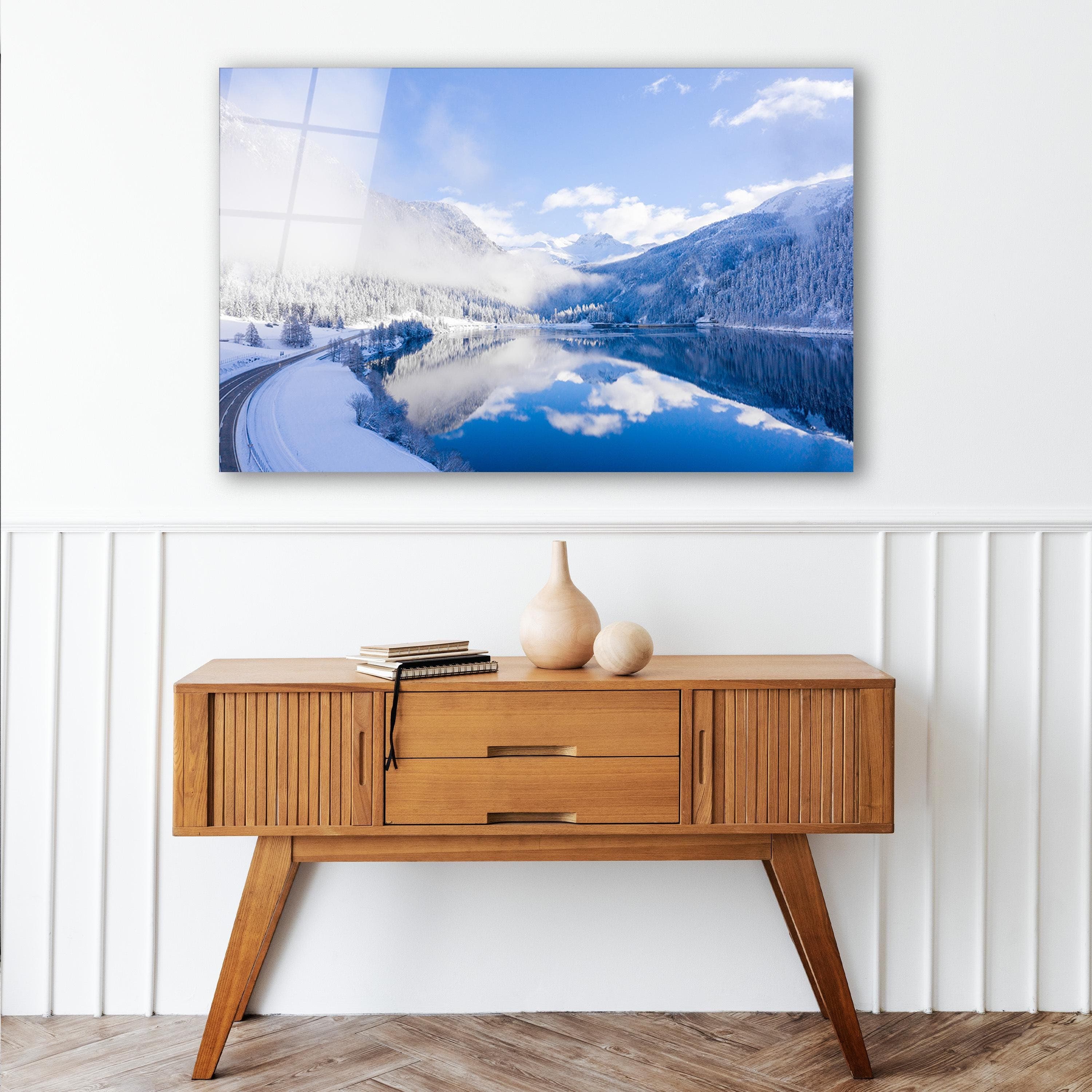 Winter Landscape Glass Wall Art, Snowy Mountains Tempered Glass Decor, Living Room Art, Housewarming Gifts, Anniversary Gifts, Wall Hangings