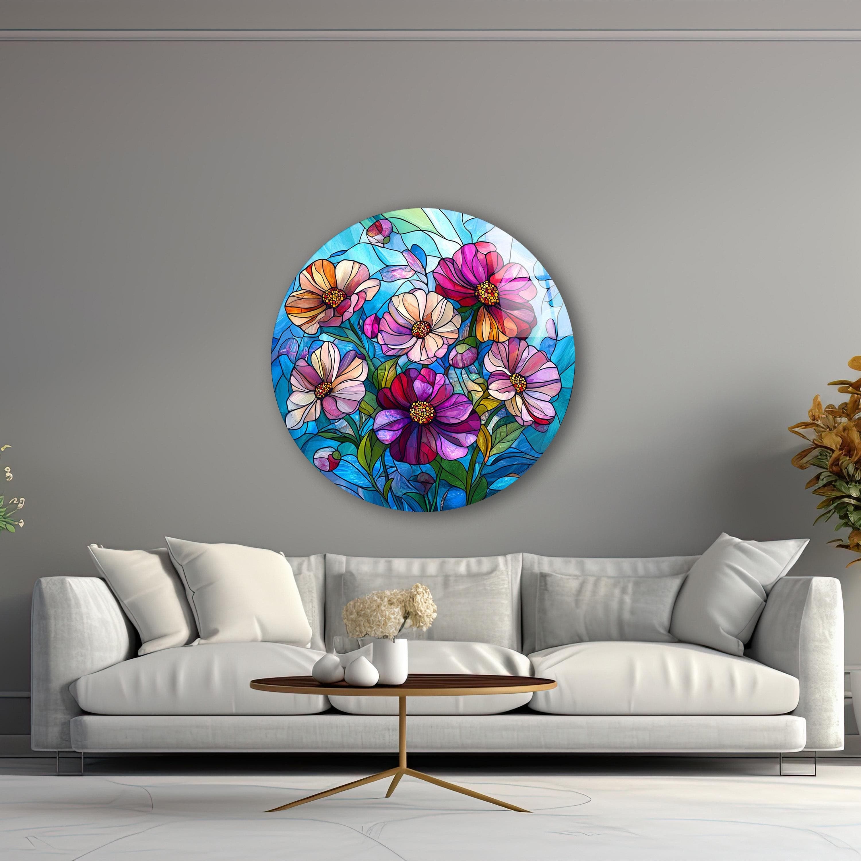 Round Floral Glass Wall Art, Elegant Flowers Tempered Glass Decor, Living Room Art, New Home Gifts, Pink Flowers Glass Print, Wall Hangings