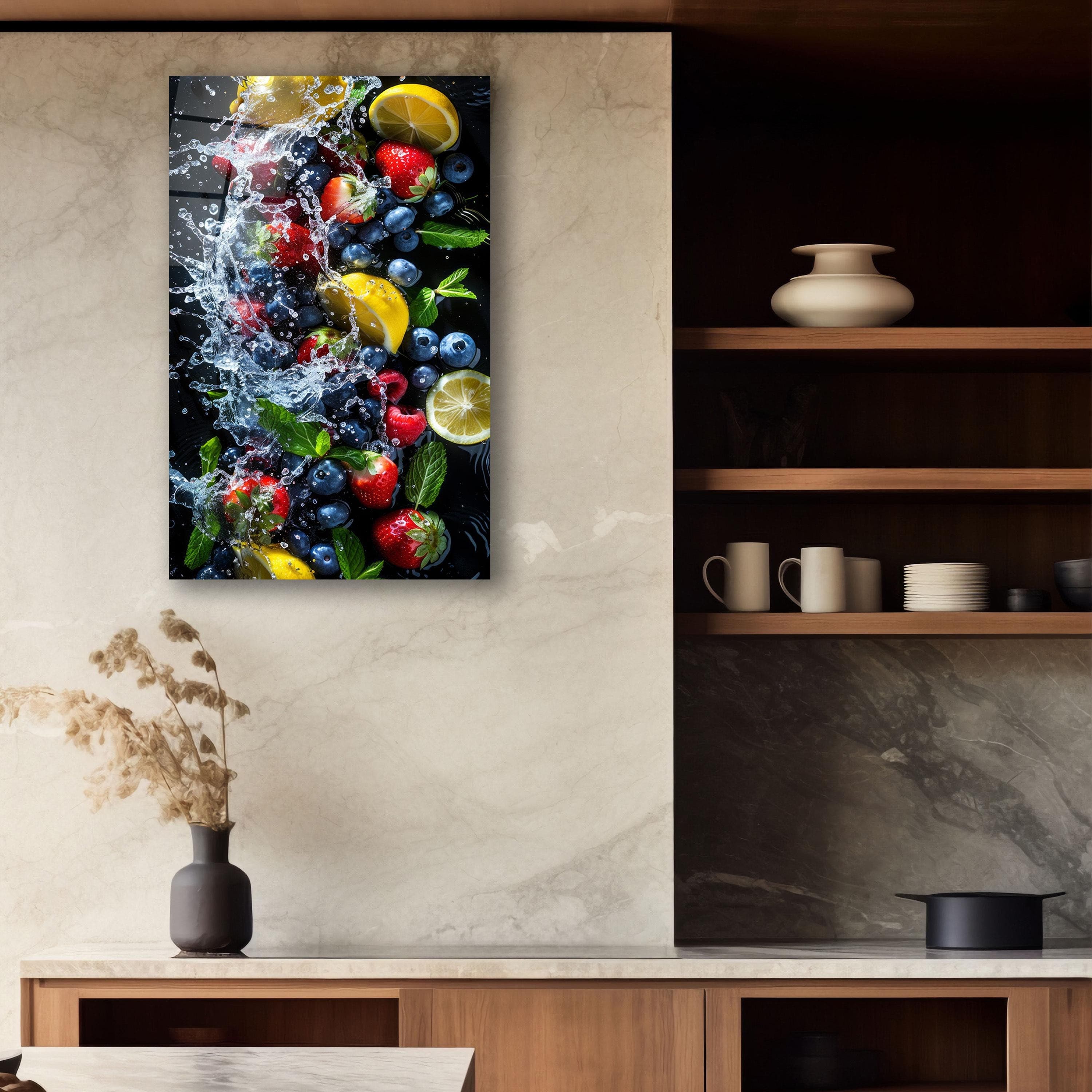Juicy Fruits Splashing Glass Wall Art, Fruit Tempered Glass Decor, Kitchen Wall Art, Dining Room Decor, Housewarming Gifts, Wall Hangings