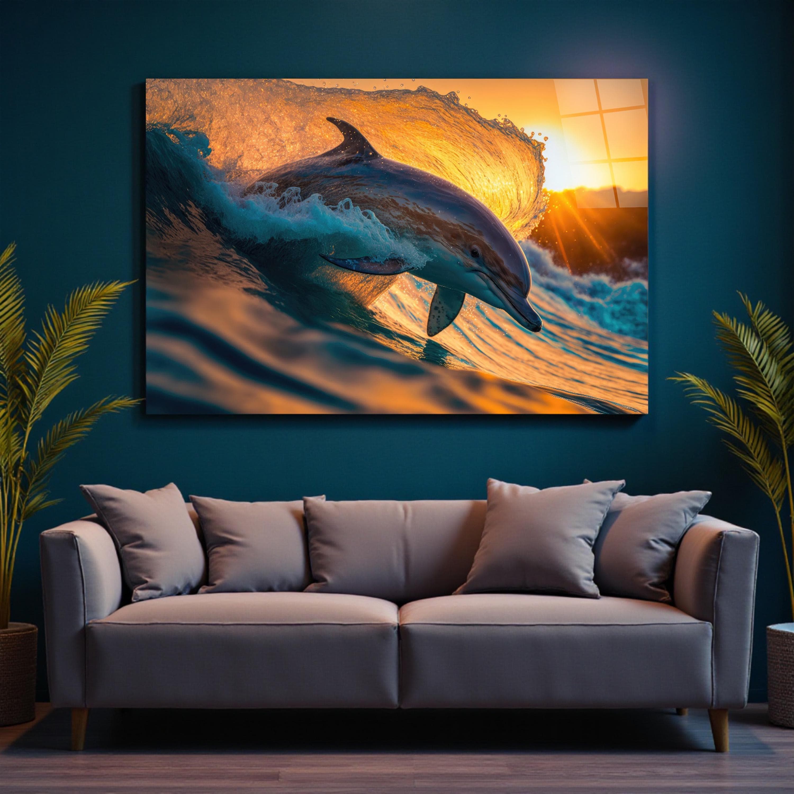 Beautiful Dolphin Glass Wall Art, Ocean Animal Tempered Glass Wall Decor, Office Wall Art, Unique Gifts, Anniversary Gifts, Wall Hangings