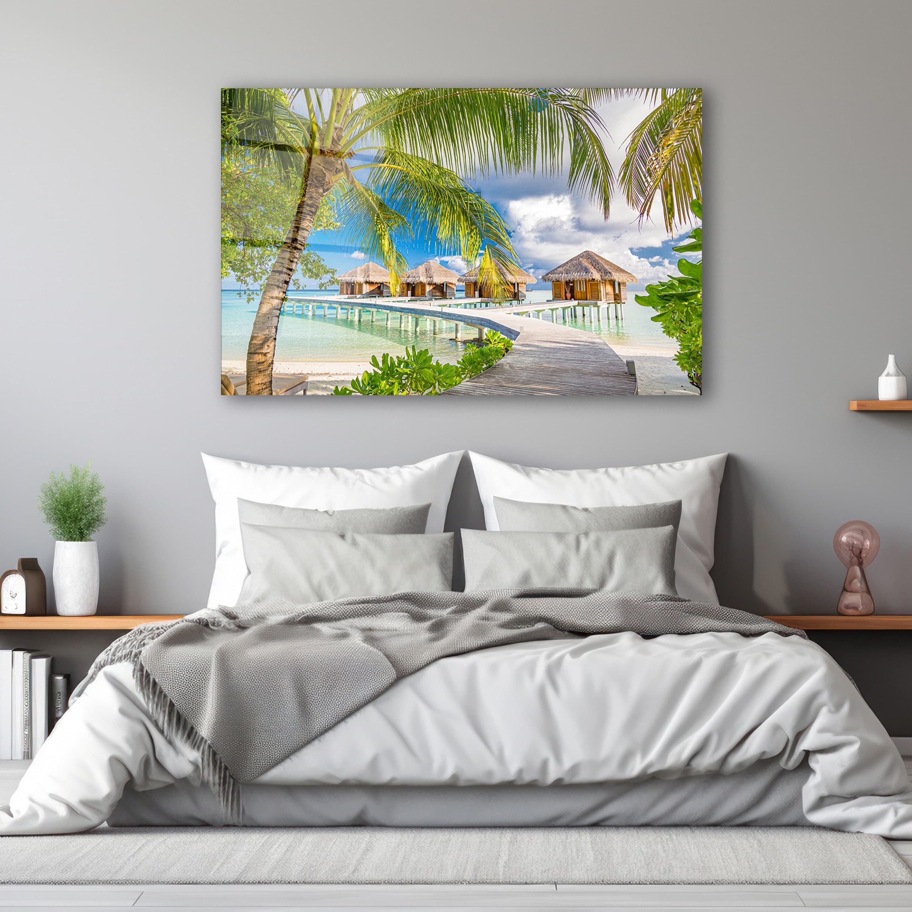 Ocean Palm Trees Glass Wall Art, Maldives Bungalows Tempered Glass Wall Decor, New Home Gifts, Bedroom Wall Art, Mother's Day Special