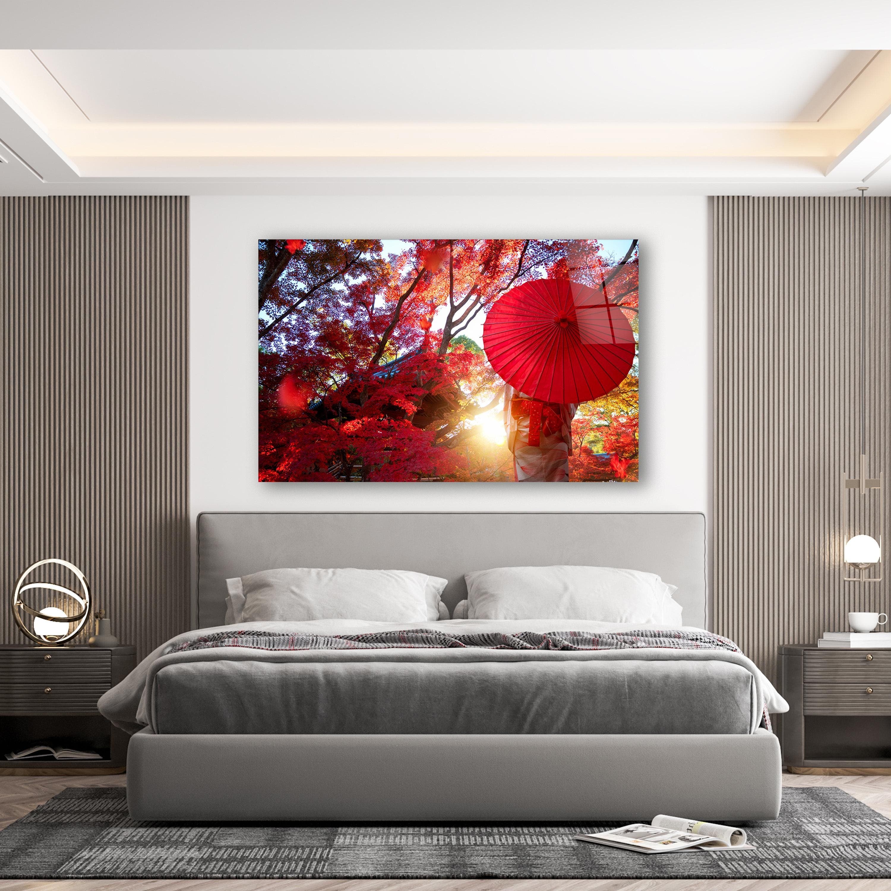 Japanese Girl in Kimono Holding Wagasa Glass Wall Art, Fall in Kyoto Tempered Glass Decor, Japanese Wall Art, New Home Gifts, Glass Print