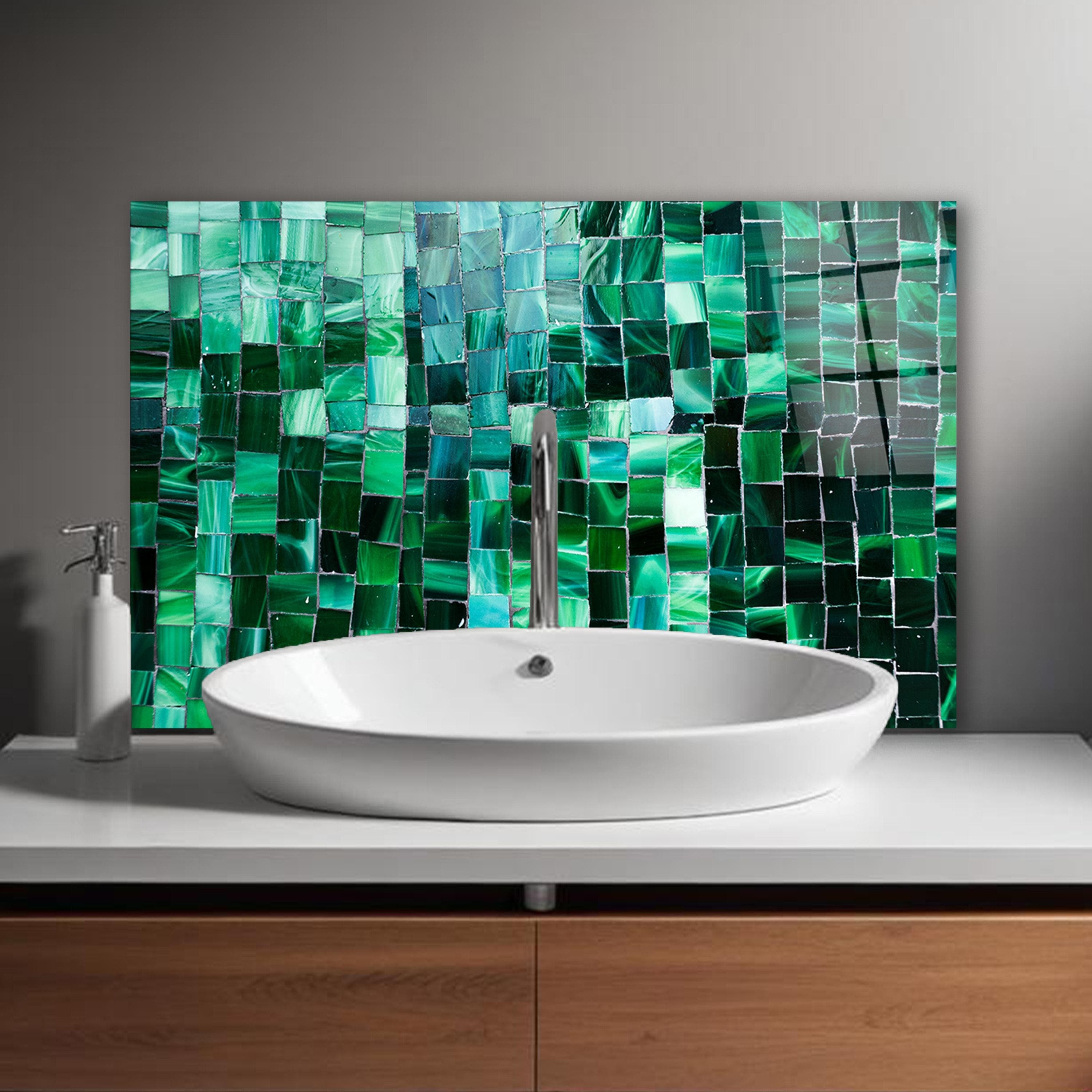 Green Mosaic Tempered Glass Backsplash, Emerald Bathroom Backsplash, Anniversary Gifts, Glass Sink Backsplash Panel, Bathroom Wall Decor - image 5