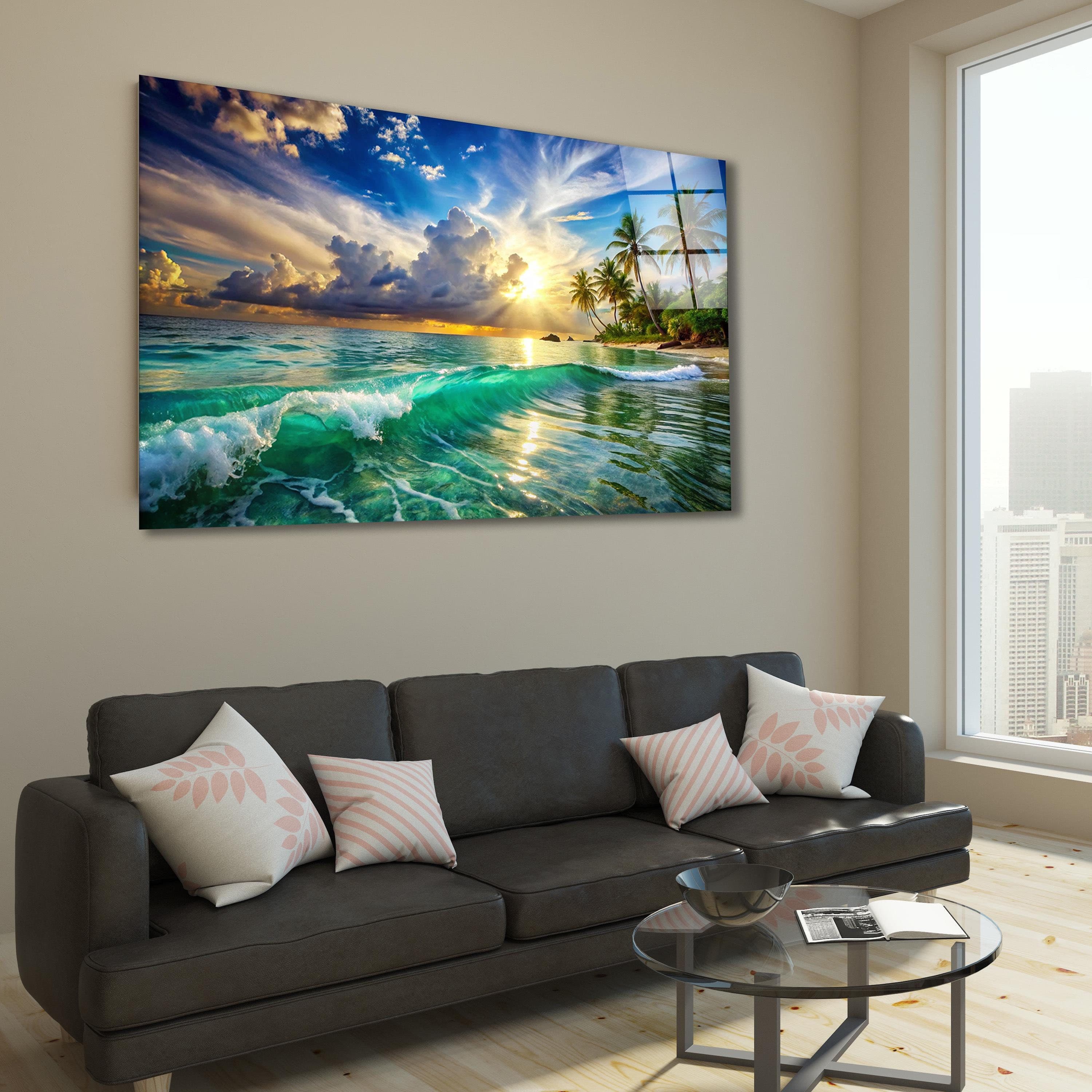 Tropical Coastal Glass Wall Art, Maldives Tempered Glass Decor, Ocean Waves Art, Living Room Art, New Home Gifts, Wall Hangings, Home Decor