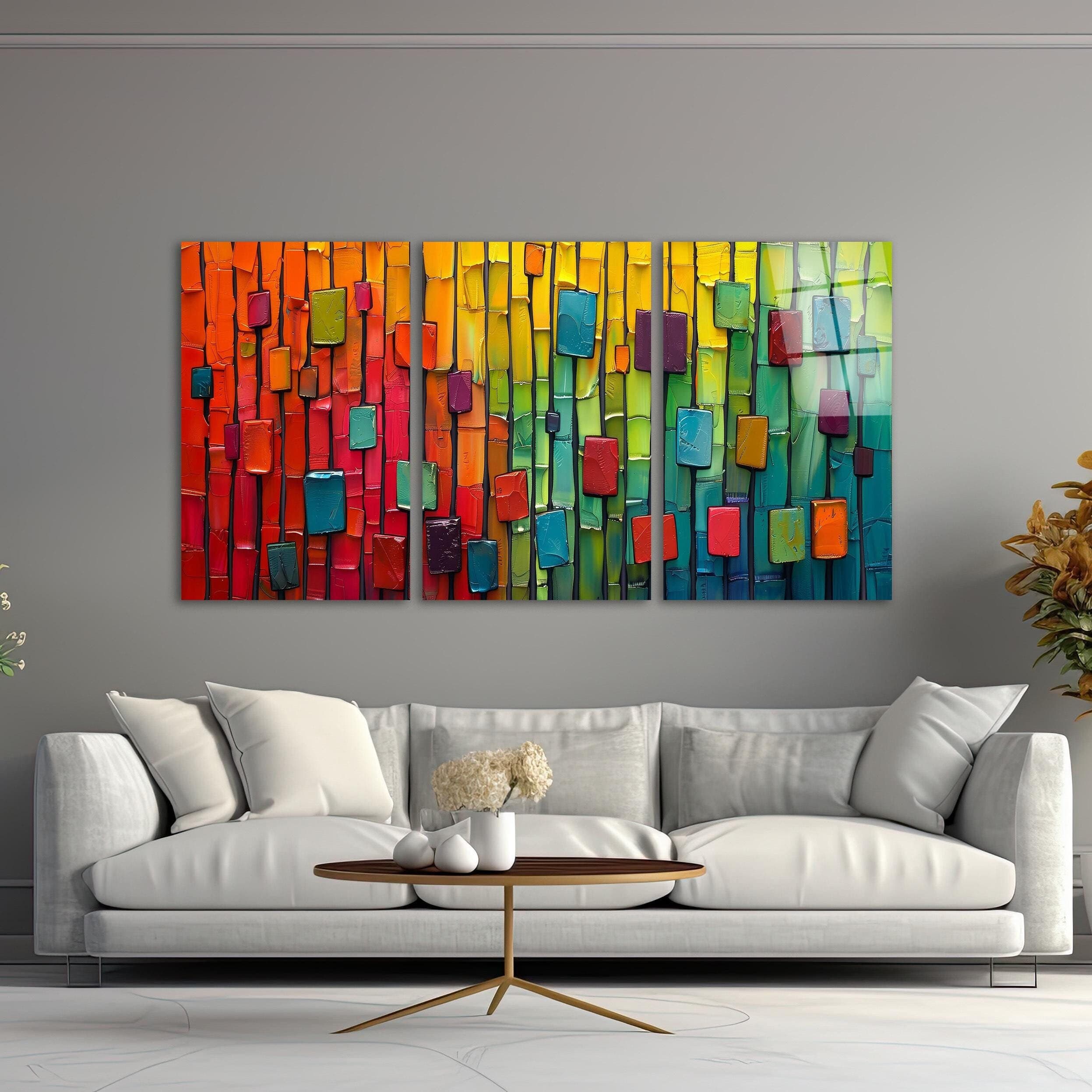Triple Colorful Modern Glass Wall Art, Minimal Abstract Tempered Glass Decor, Living Room Art, New Home Gifts, Contemporary Art, Glass Print