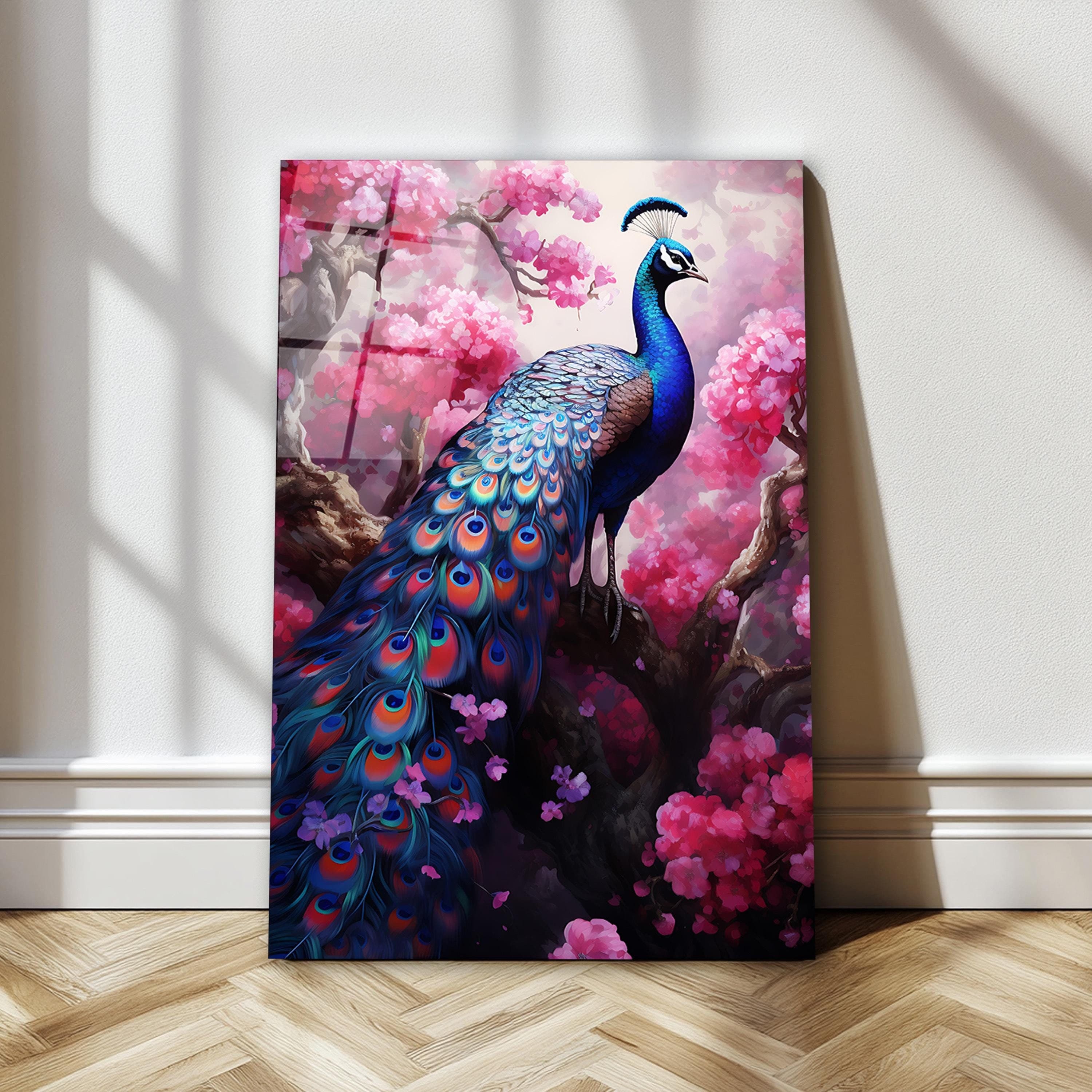 Peacock Painting Glass Wall Art, Pink Flowers Tempered Glass Decor, Elegant Wall Art, Living Room Decor, Mother's Day Gifts, Wall Hangings