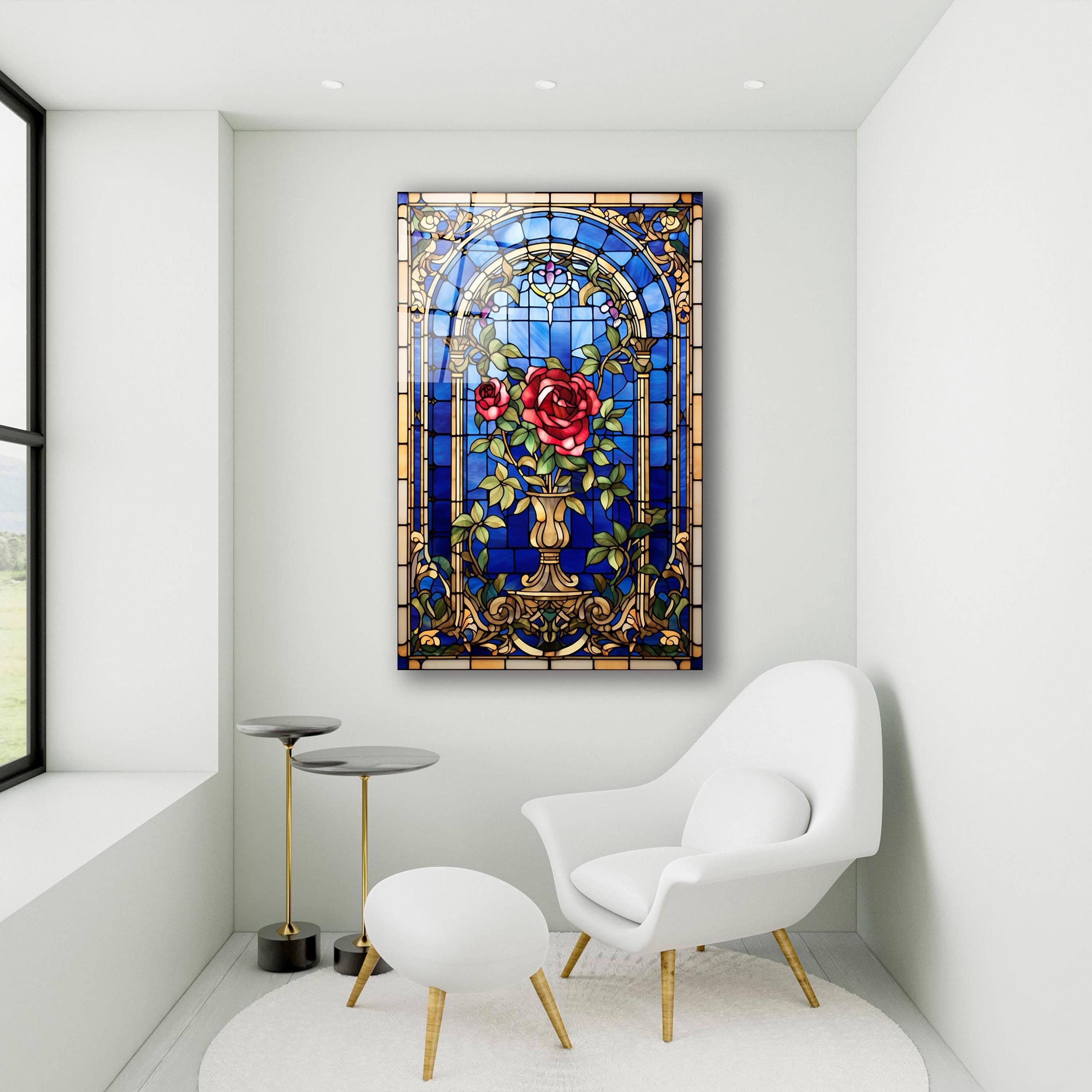 Stained Glass Red Roses Wall Art, Tempered Glass Rose Wall Decor, Elegant Wall Art, New Home Gifts, Christmas Gift, Wall Hanging, Home Decor