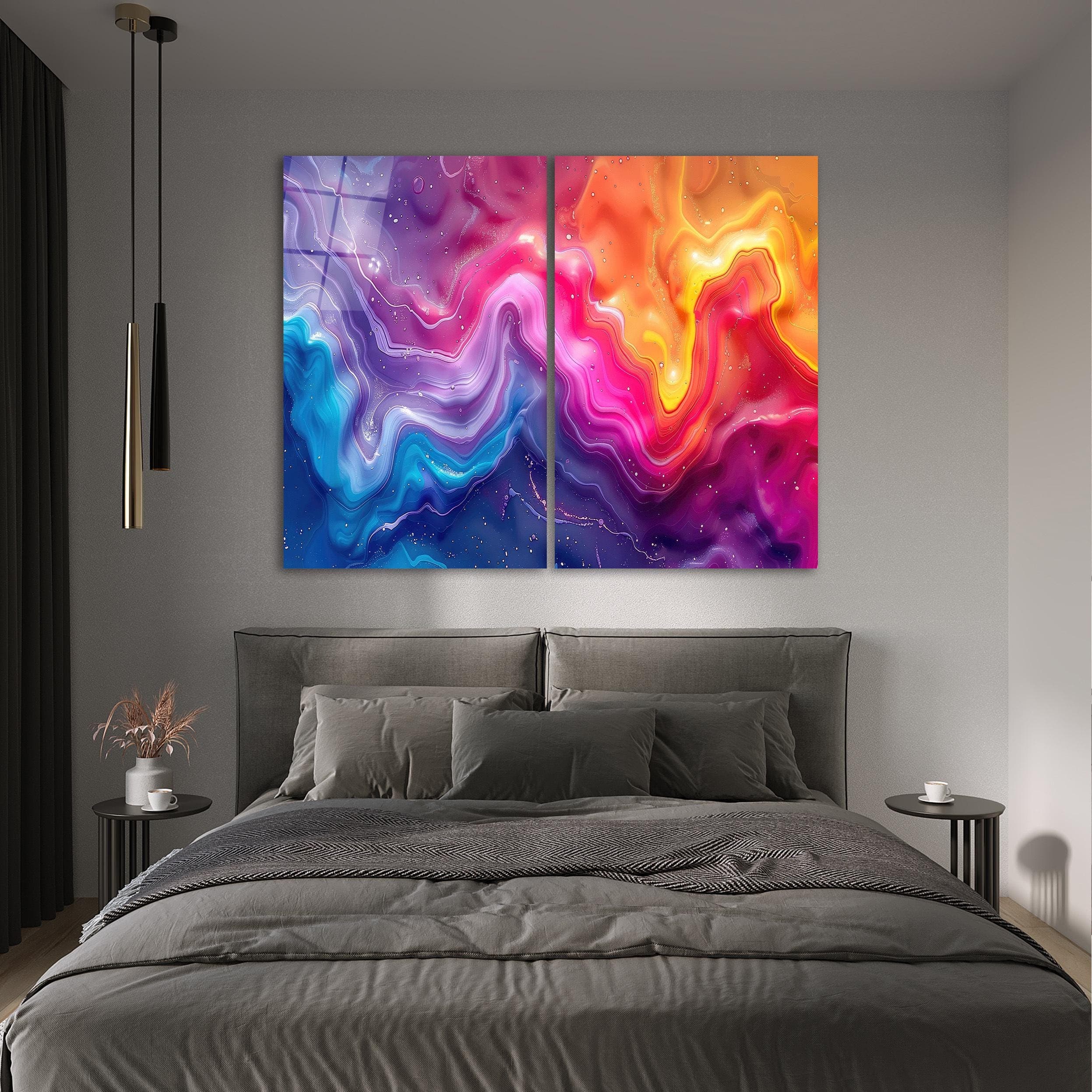 Double Panel Colorful Glass Wall Art, Abstract Tempered Glass Decor, Living Room Art, Above Bed Art, 2-Piece Glass Print, Modern Wall Decor
