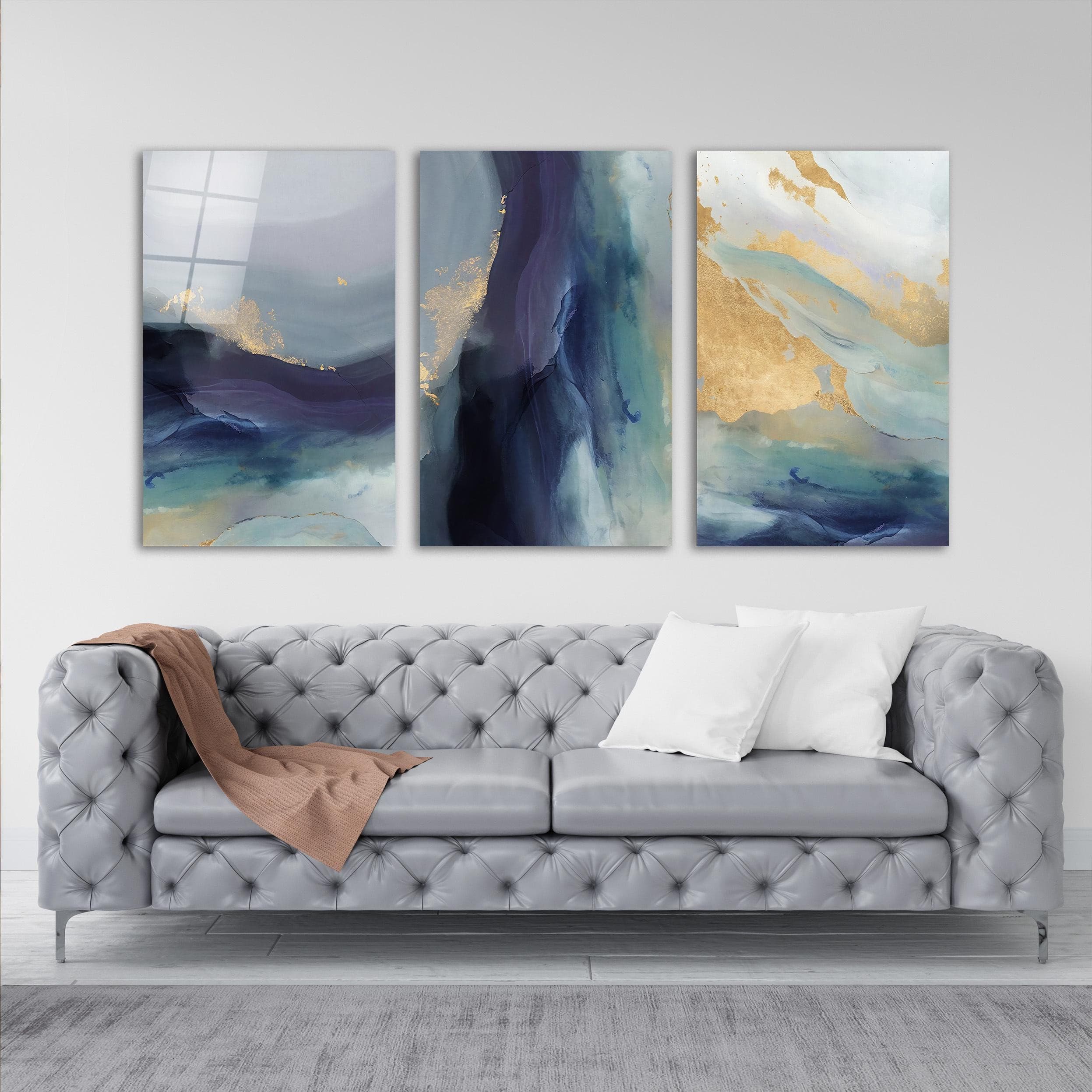 Triptych Abstract Blue Gold Wall Decor, Tempered Glass Triple Modern Wall Art, 3-Panel Wall Decor, Living Room Art, Interior Design Ideas
