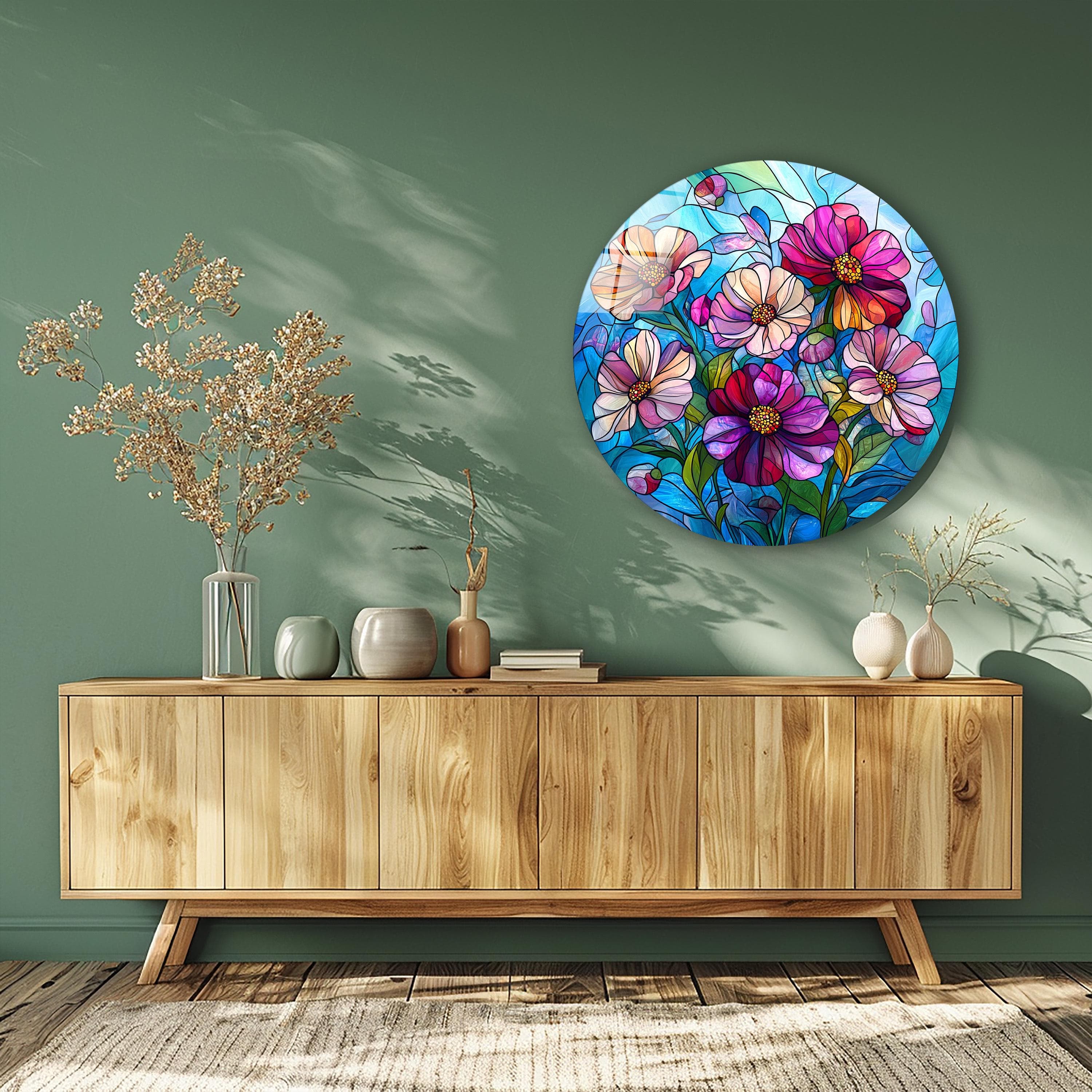 Round Floral Glass Wall Art, Elegant Flowers Tempered Glass Decor, Living Room Art, New Home Gifts, Pink Flowers Glass Print, Wall Hangings