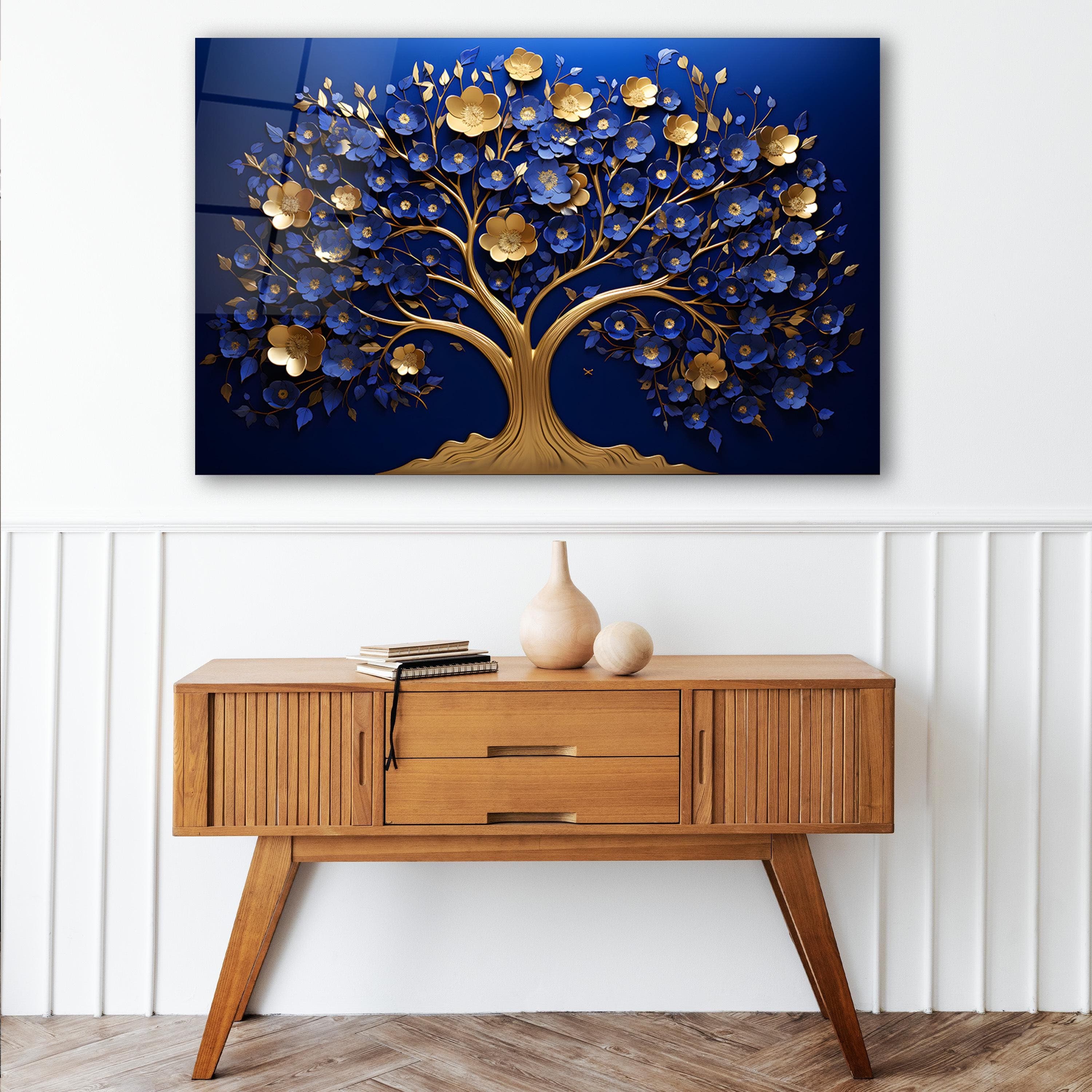 Blue & Gold Glass Wall Art, Tempered Glass Tree of Life Wall Decor, Modern Wall Art, Living Room Decor, Housewarming Gifts, Christmas Gifts