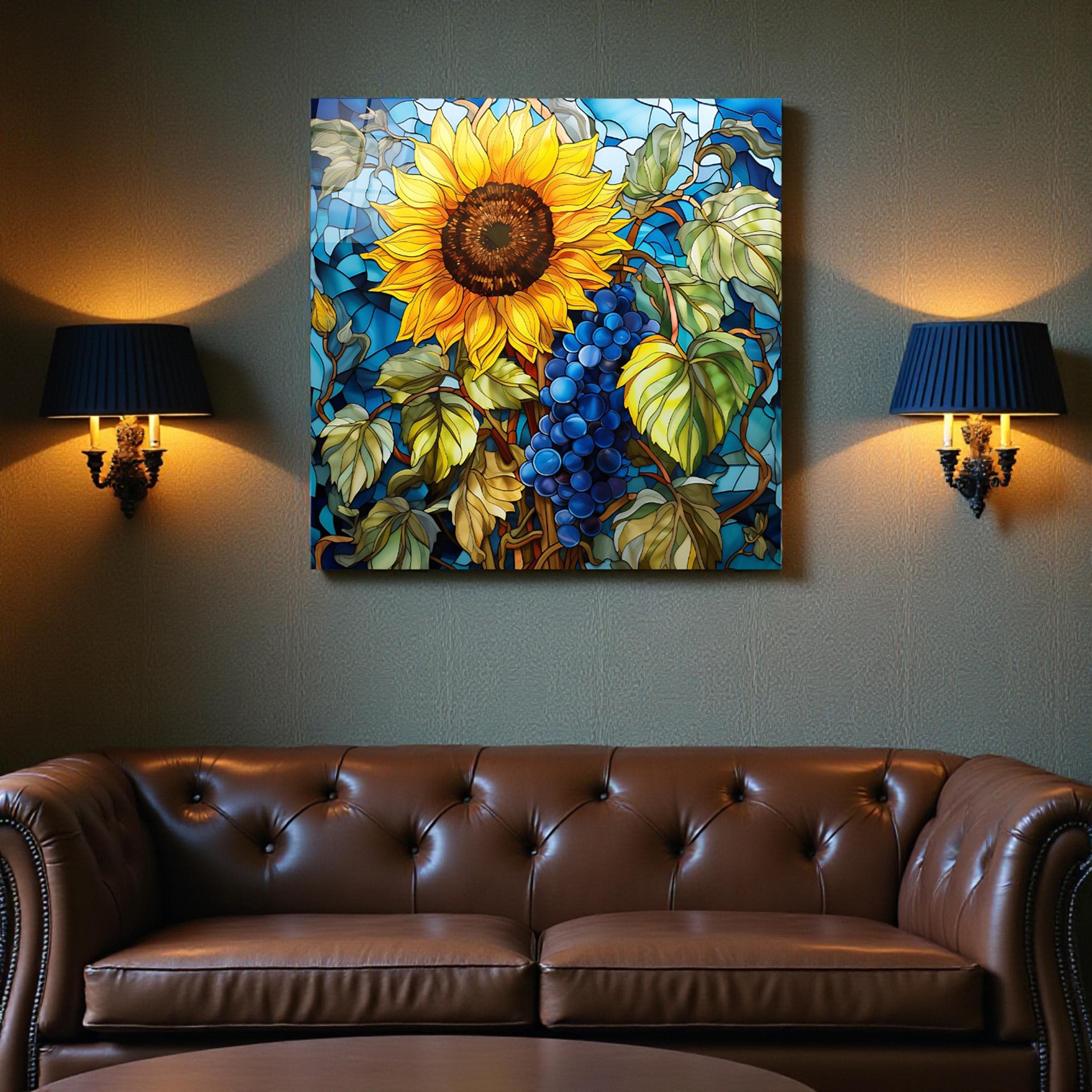 Sunflower Wall Decor, Tempered Glass Floral Wall Art, Stained Glass Effect Sunflower Glass Print, Anniversary Gifts, Housewarming Gifts