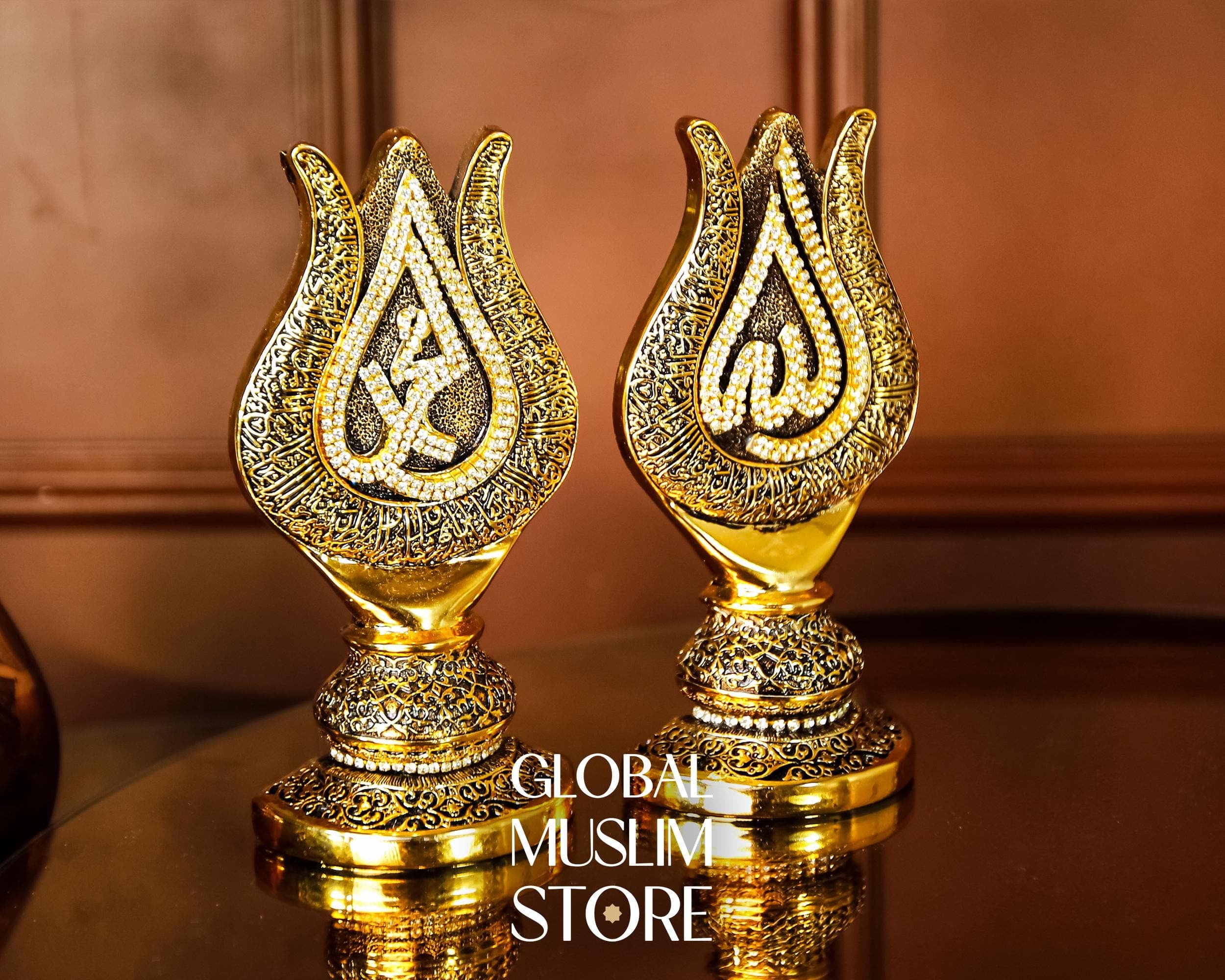 Gold Tulip Calligraphy Figurine Set | Allah Muhammad Islamic Names Gift Set | Muslim Decorative Gift for Home or Office - image 3
