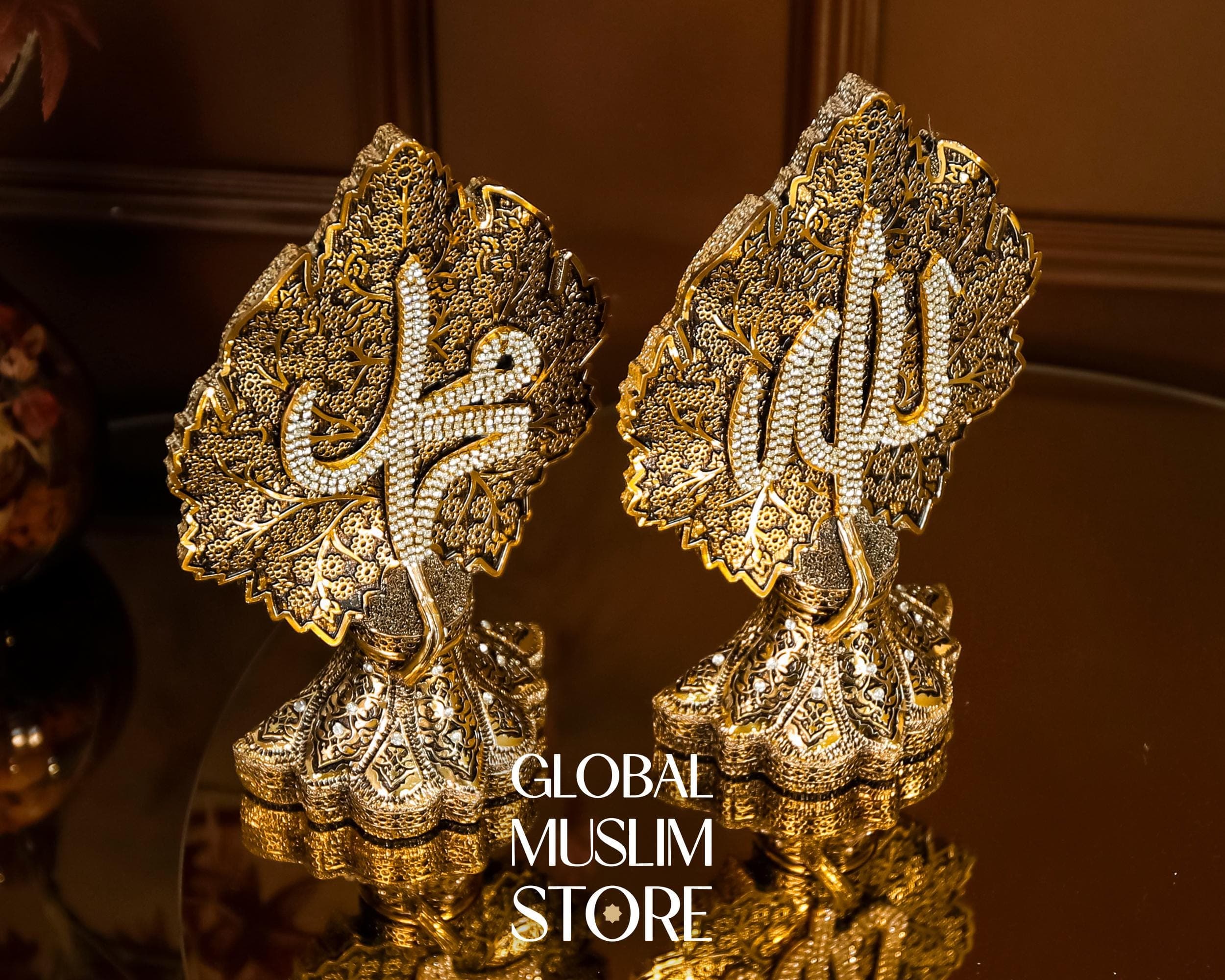 Allah Muhammed Art | Gold Islamic Calligraphy Leaf Figurine Set | Allah Muhammad Names on Maple and Daisy Base | Muslim Decorative Gift Set