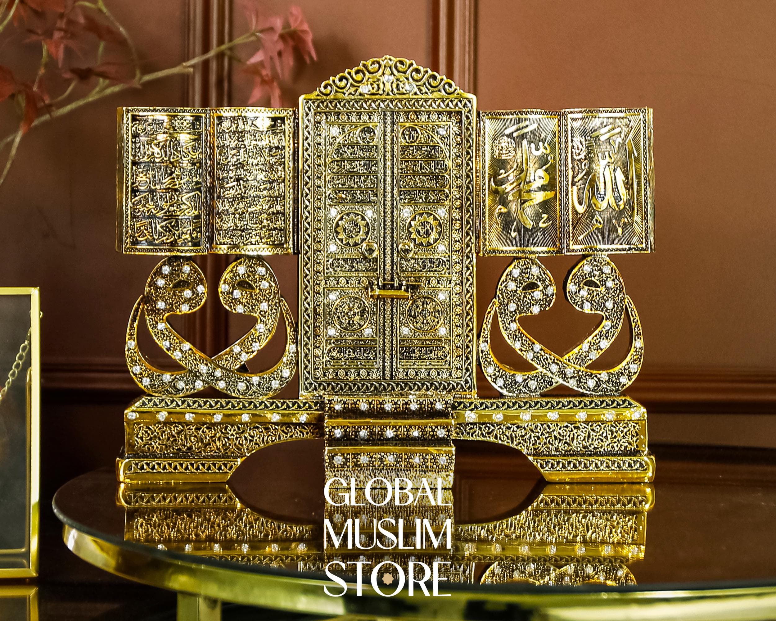 Kaaba Door Figurine with Ayat al-Kursi and Vav Motif | Gold Plated Allah & Muhammad Names Islamic Home Decor Gift | Gift For Muslims