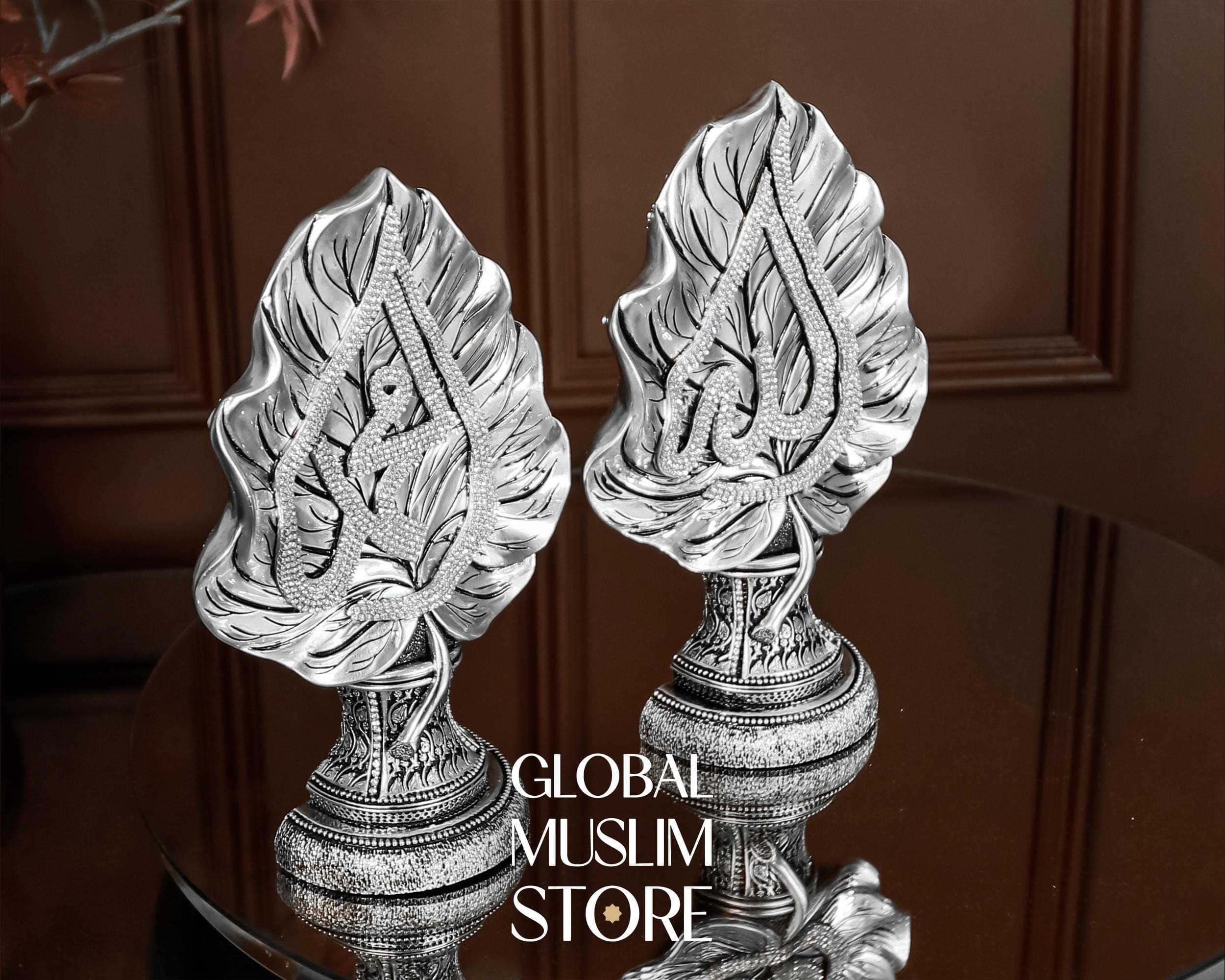 Silver Islamic Calligraphy Leaf Figurine | Allah Muhammad Decor Art | Muslim Home Decor Ornament | Gift For Muslim | Silver Muslim Decor