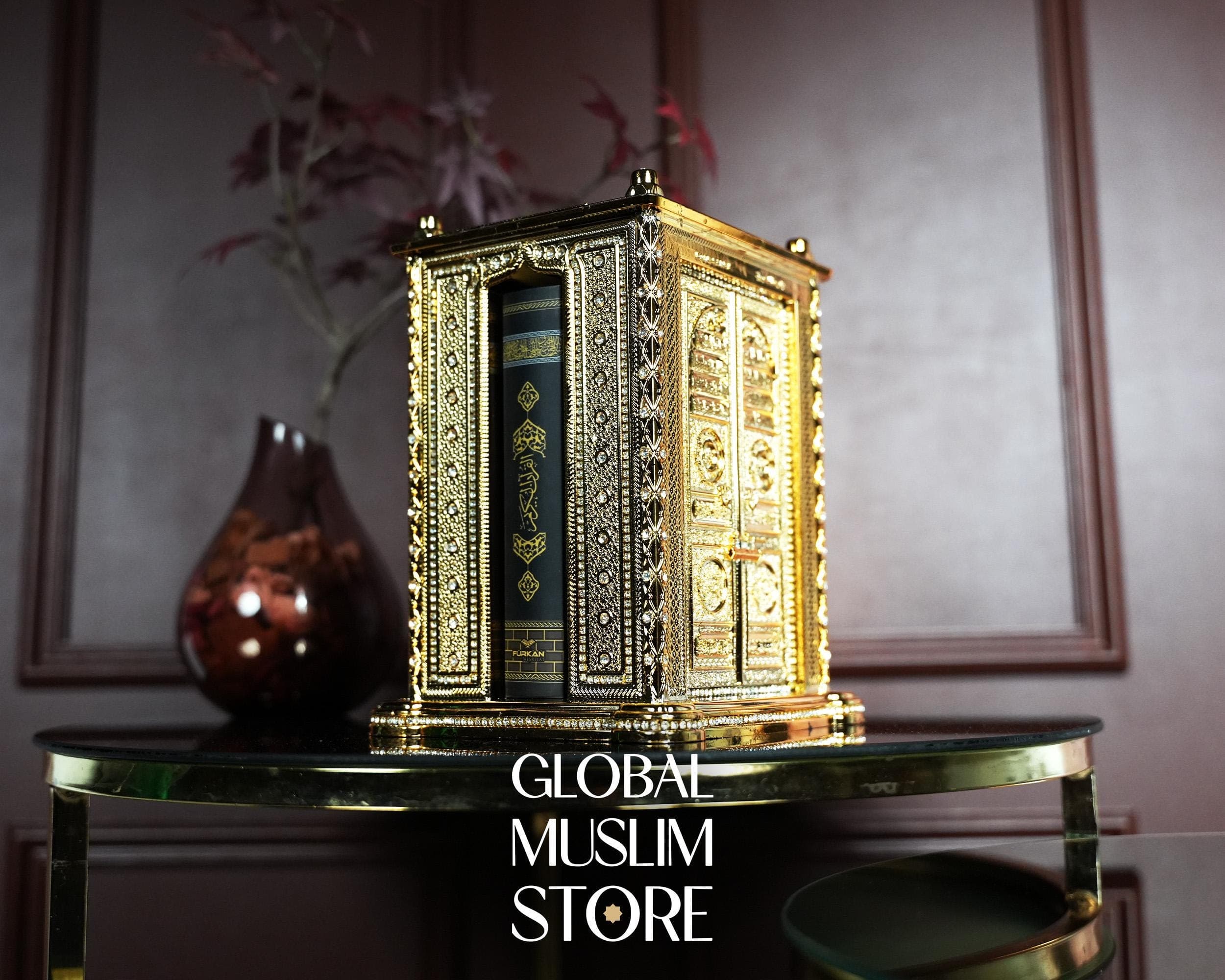 Quran Holder Figurine with Quran  | Gold Decorative Quran Case | Muslim Home Decoration | Muslim Art | Islamic Home Office Decor