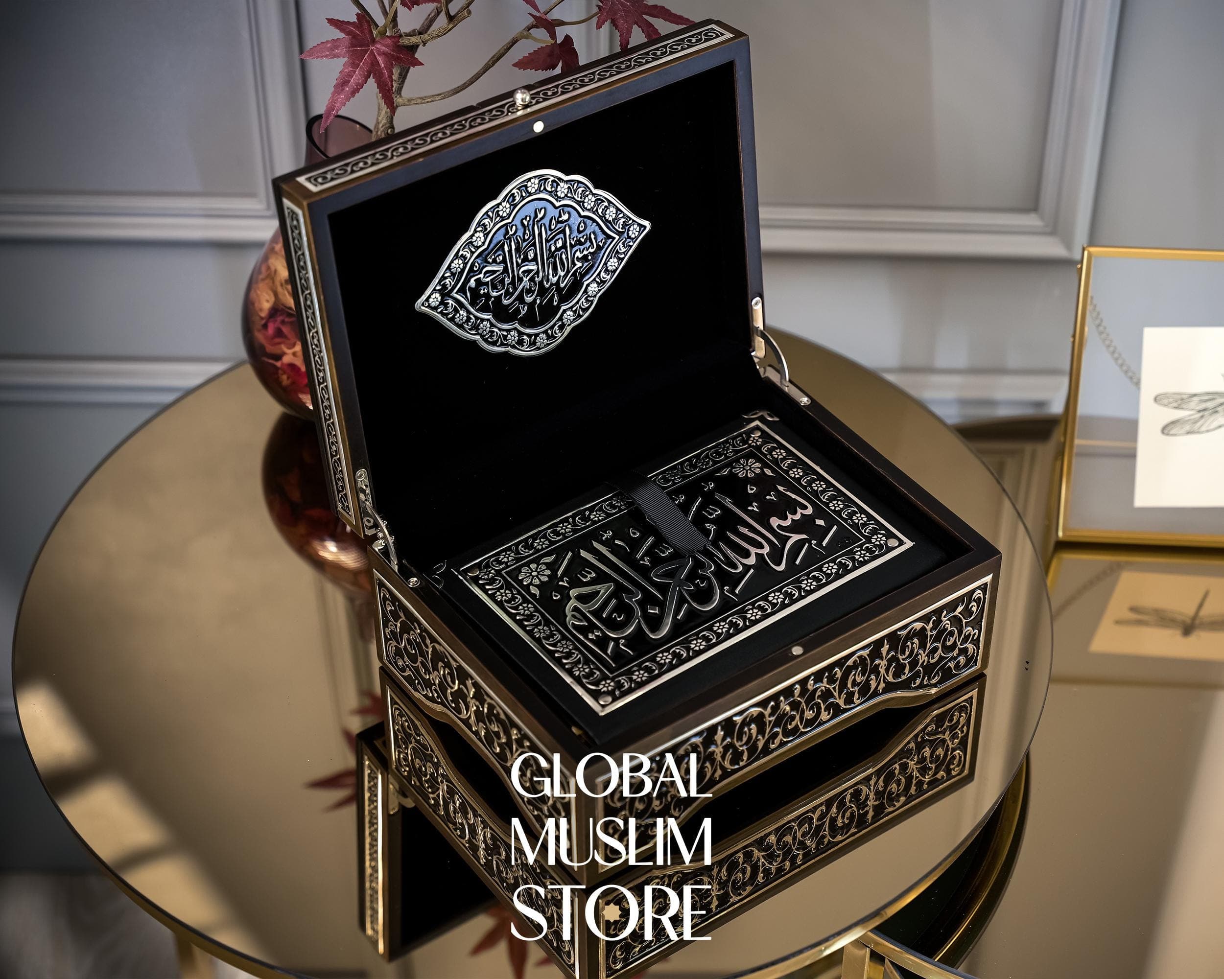 Quran Gift, Islamic Gift, Gift For Muslim, Islamic Art, Luxurious Solid Wood Decorative Quran Case and The Holy Quran Set with Silver Inlays - image 5