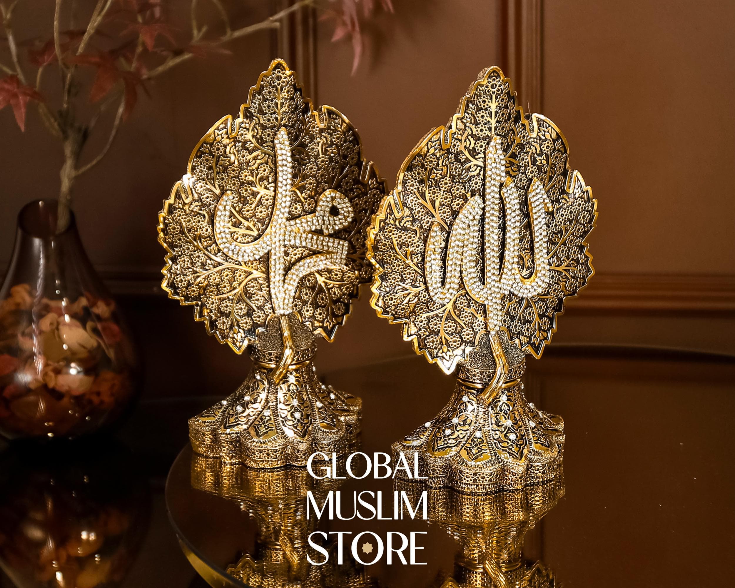 Allah Muhammed Art | Gold Islamic Calligraphy Leaf Figurine Set | Allah Muhammad Names on Maple and Daisy Base | Muslim Decorative Gift Set - image 3