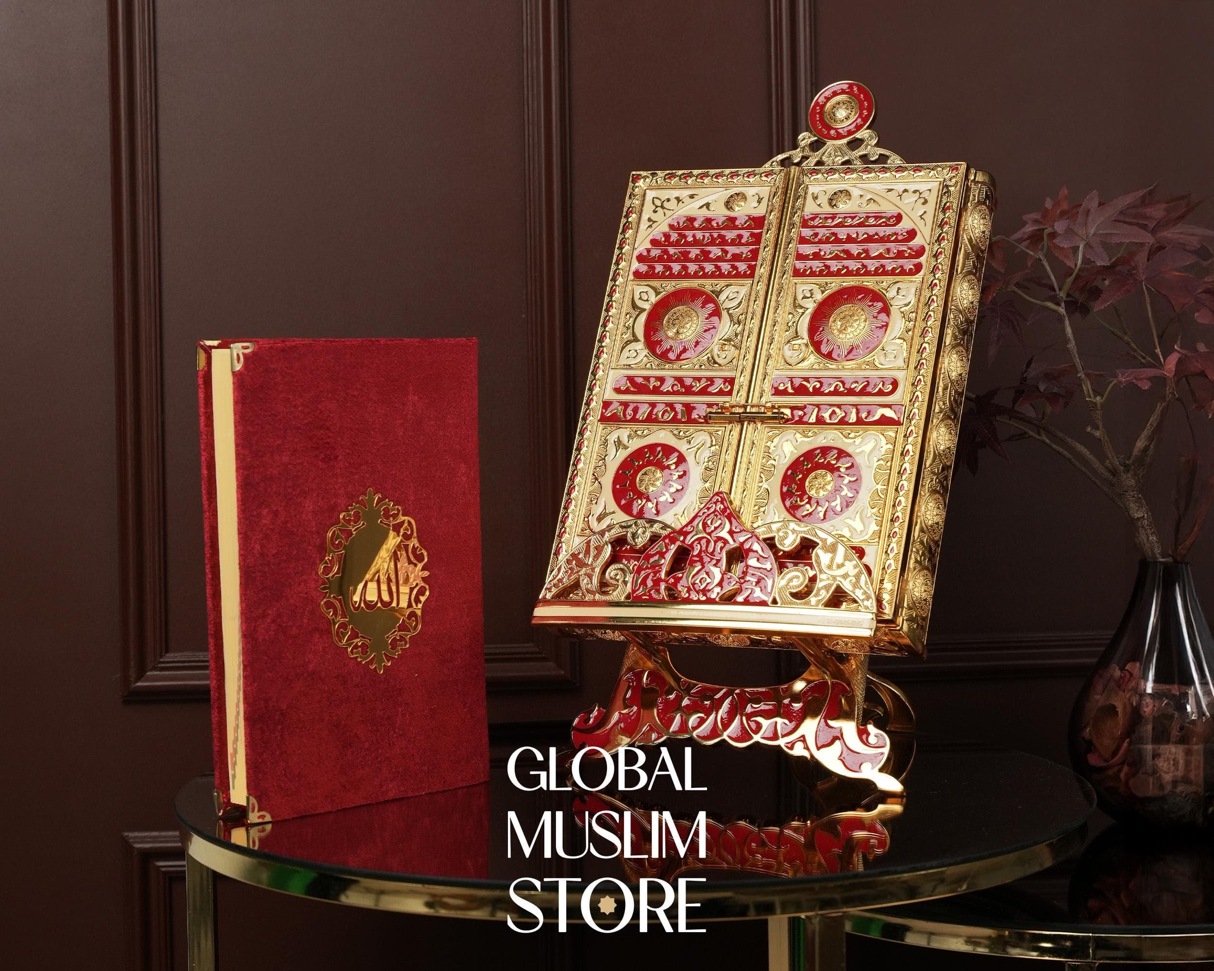 Quran For Gift | Luxury Red Velvet Qoran Set | Golden Case & Display Stand | Islamic Present
