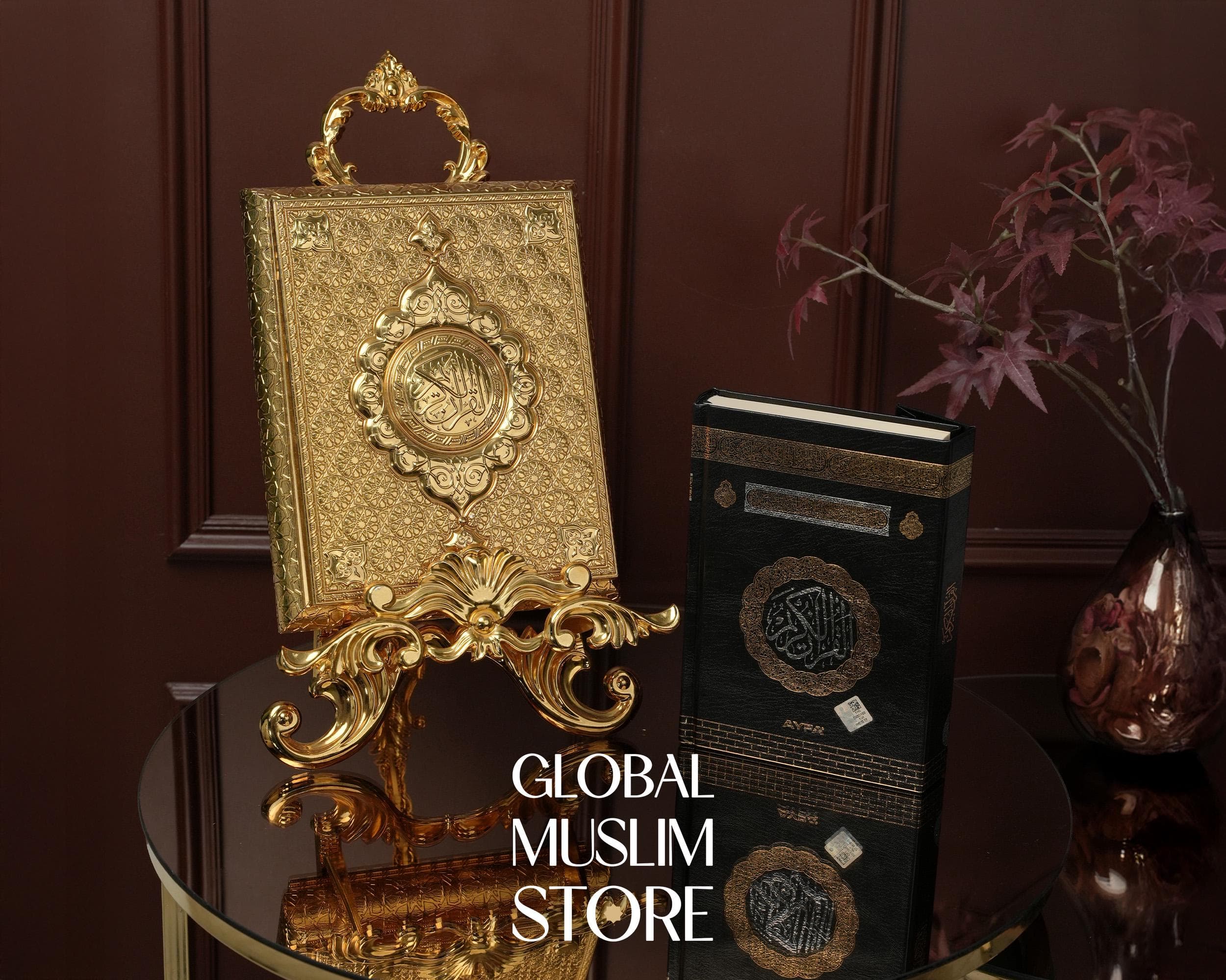 Gold Quran Box Set | Quran Stand | Quran Case | Luxury Quran Holder Set with Display Stand